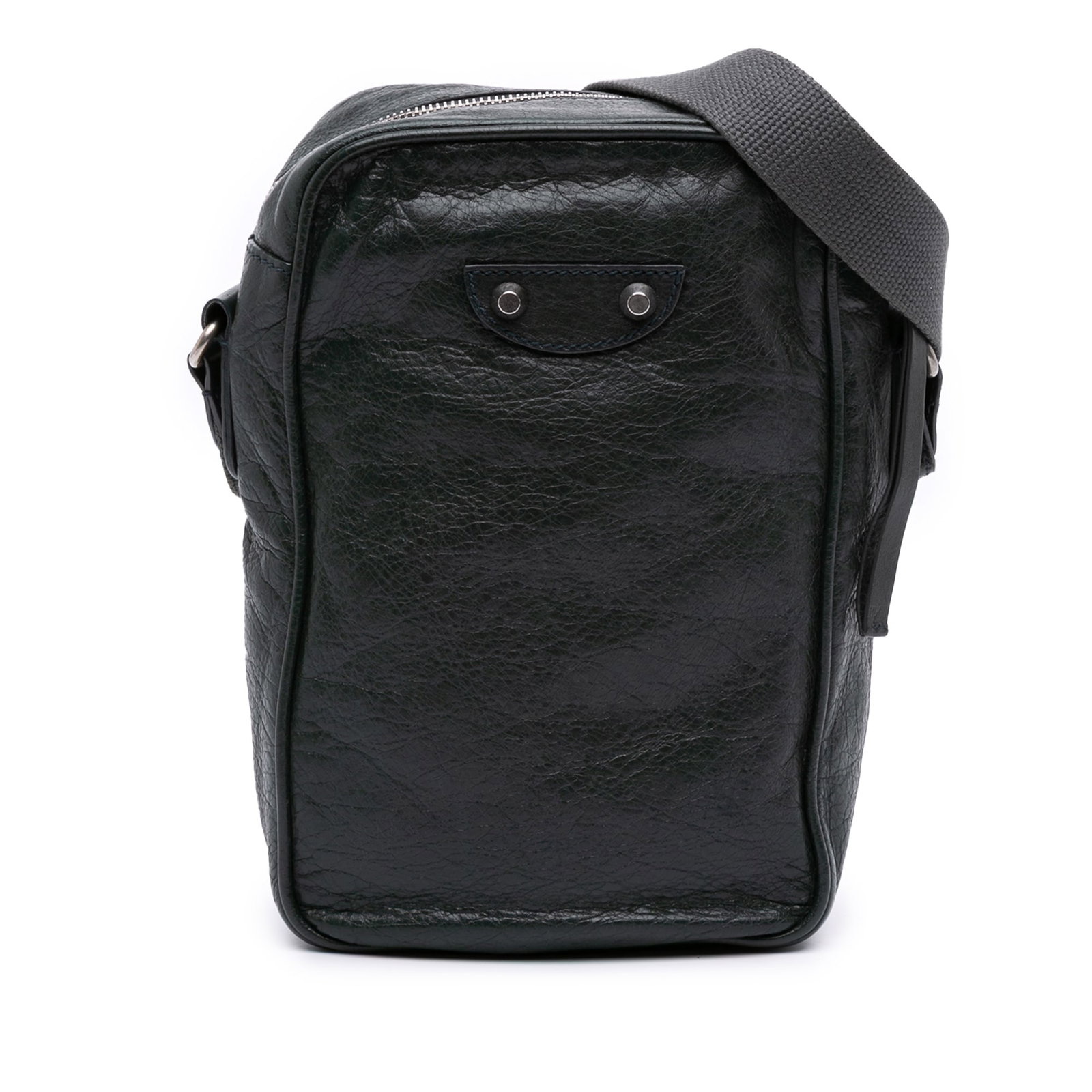 Balenciaga Green Lambskin Motocross Classic Reporter Crossbody Bag: Balenciaga Green Lambskin Motocross Classic Reporter Crossbody Bag The Balenciaga Lambskin Motocross Classic Reporter Crossbody is a stylish and functional bag crafted from premium lambskin leather. T