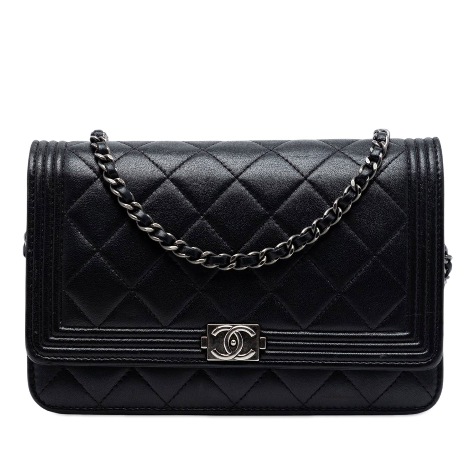 Chanel Boy Wallet On Chain Quilted Lambskin Black: Chanel Boy Wallet On Chain Quilted Lambskin Black This Chanel Boy Wallet On Chain features a quilted lambskin leather exterior in black, complemented by a leather-woven chain strap and a front flap wi