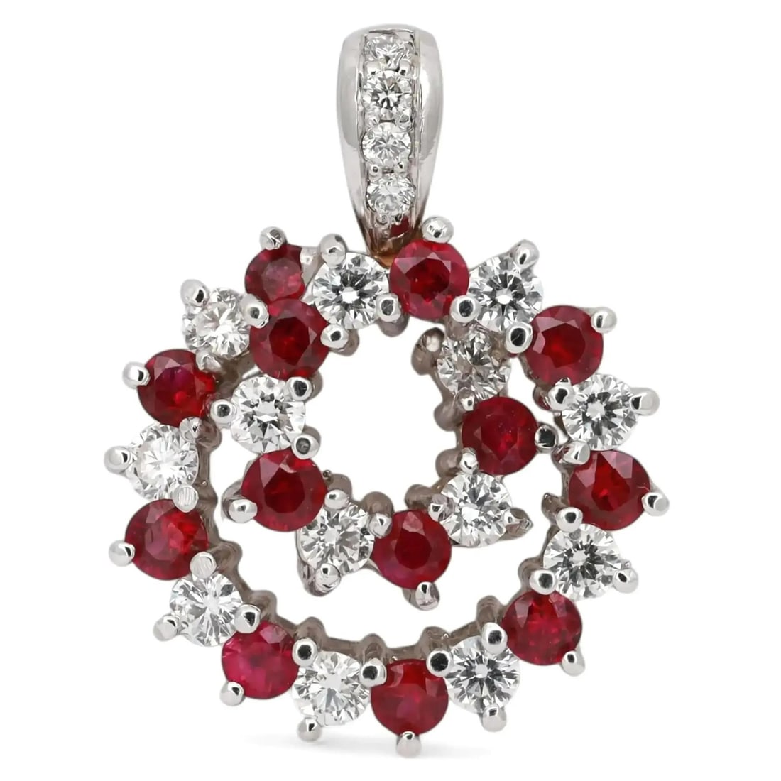 Spiral Pendant with Diamonds and Rubies in 14k White Gold by Rachel Koen: Spiral Pendant with Diamonds and Rubies in 14k White Gold by Rachel Koen This elegant Rachel Koen pendant features a captivating spiral design, adorned with round cut natural rubies and diamonds set i