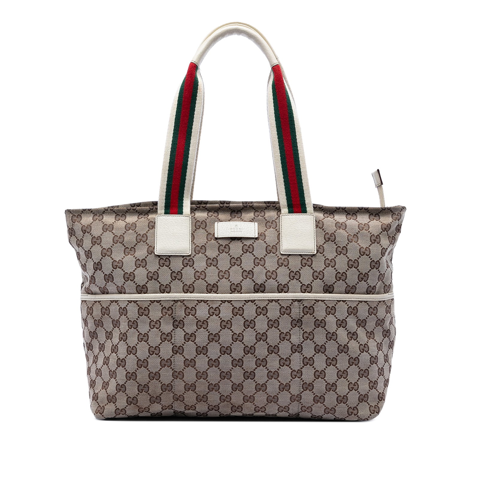 Gucci canvas tote bag with web straps: Gucci canvas tote bag with web straps This Gucci GG Canvas Web Tote features a beige canvas body with flat web shoulder straps and rolled leather guards. It is designed with a top zip closure, an exte