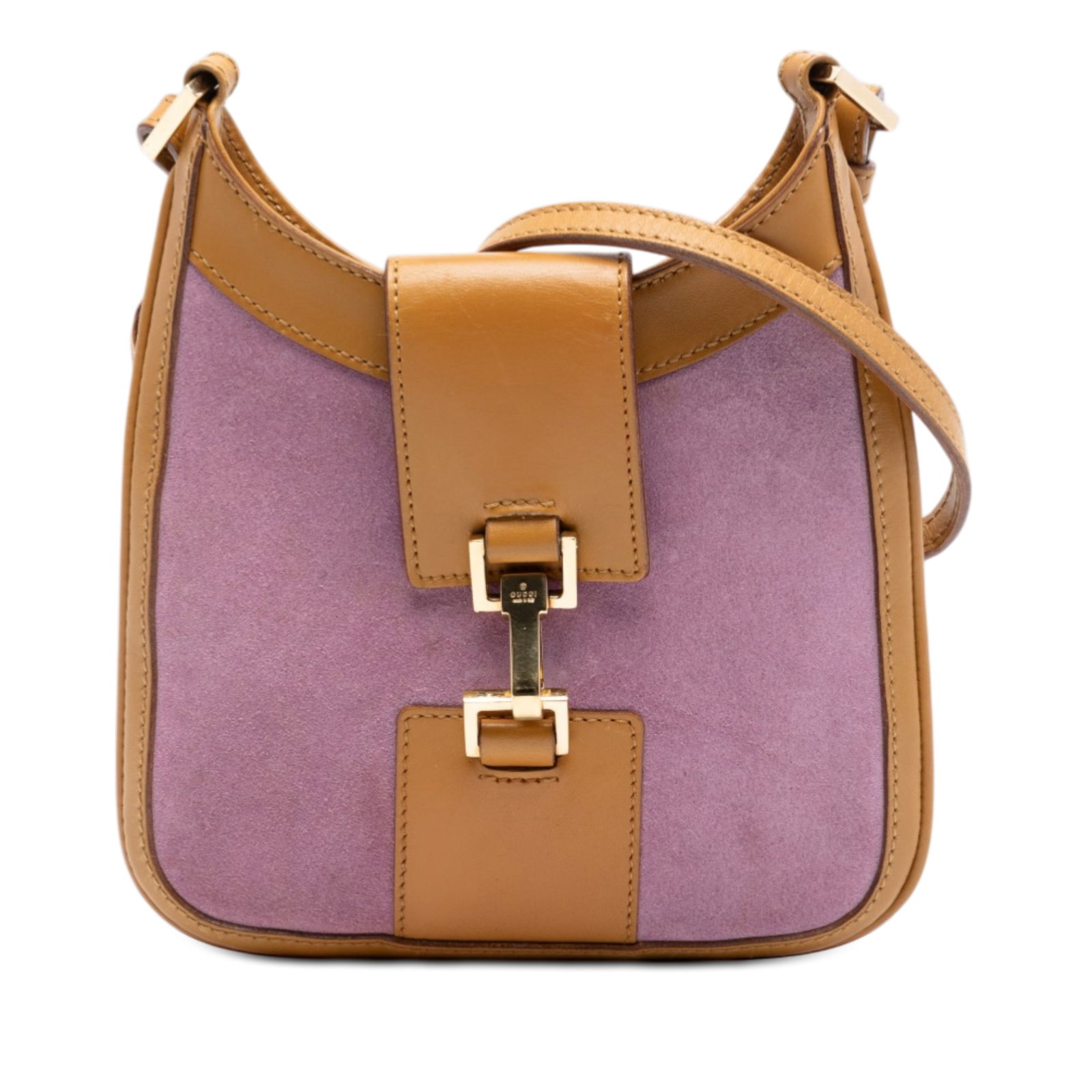 Gucci Jackie purple suede crossbody bag: Gucci Jackie purple suede crossbody bag This Gucci Suede Jackie Crossbody bag features a purple suede body complemented by leather trim and an adjustable flat leather strap. The bag is designed with a