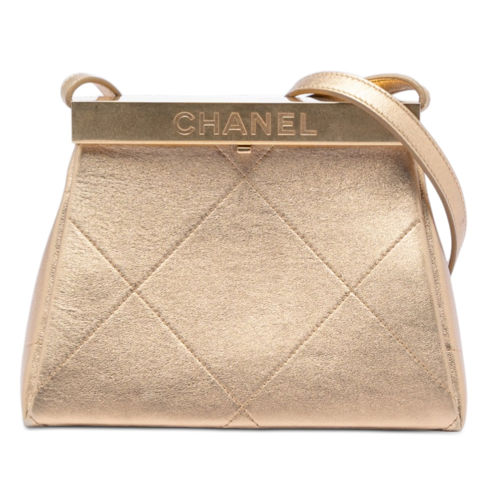 Chanel Small Calfskin Leather Crossbody Bag with Kiss Lock Frame: Chanel Small Calfskin Leather Crossbody Bag with Kiss Lock Frame This Chanel Small Calfskin Kiss Lock Frame Bag is crafted from leather in a gold color and designed with a kiss lock closure. It featur