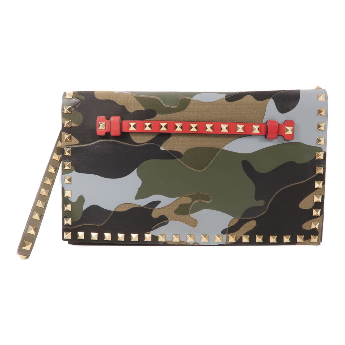 Valentino GHW green calfskin canvas pouch: Valentino GHW green calfskin canvas pouch This Valentino pouch is crafted from green calfskin leather and canvas, offering a stylish and versatile accessory for women. The pouch features a sleek desig
