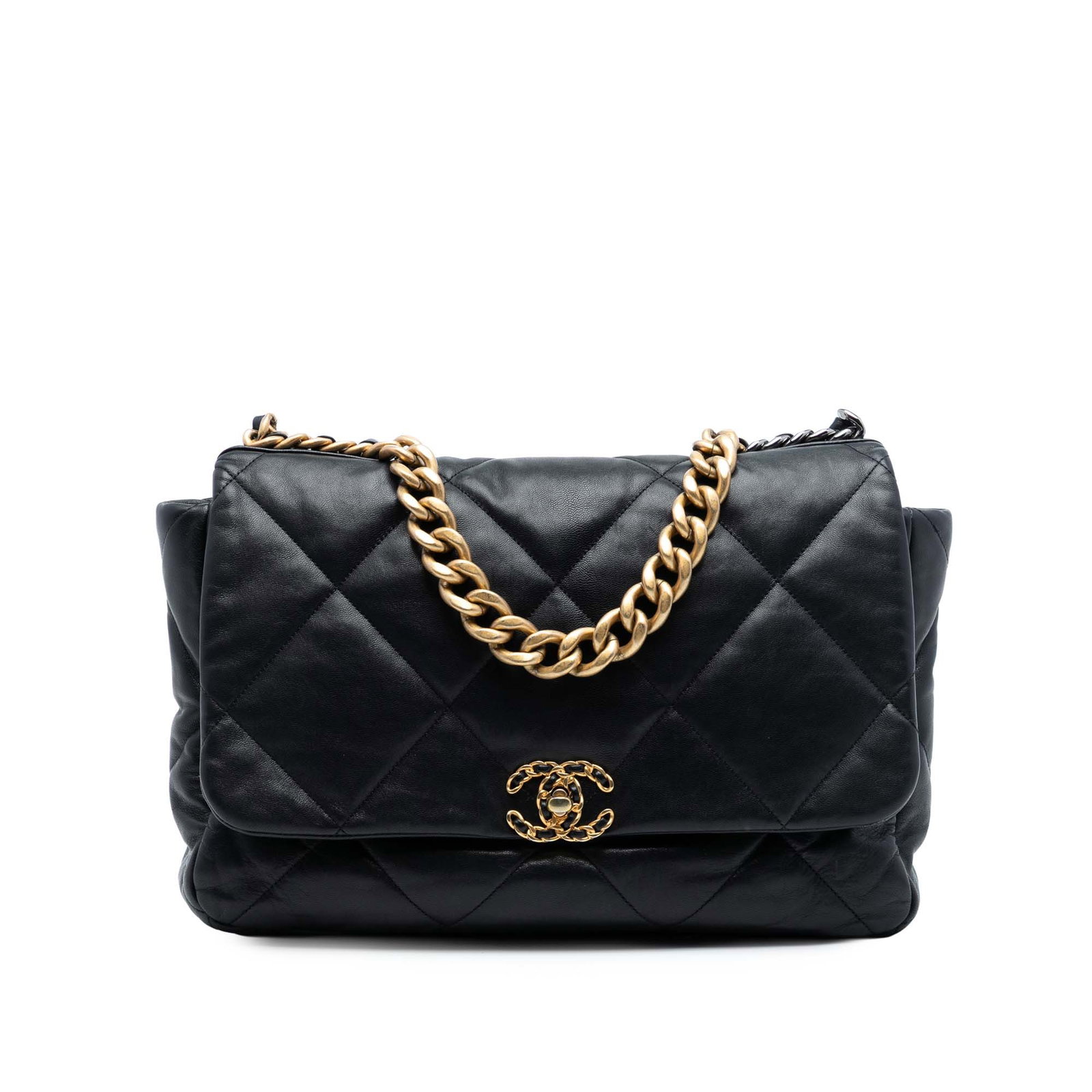 Chanel 19 Maxi Quilted Black Lambskin Flap Shoulder Bag with Chain Strap: Chanel 19 Maxi Quilted Black Lambskin Flap Shoulder Bag with Chain Strap This Chanel Maxi Lambskin 19 Flap bag features a quilted lambskin leather body in black, a gold-tone chain handle, and a leathe