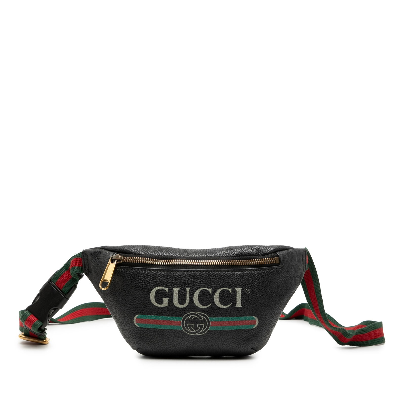 Black Leather Gucci Belt Bag with Adjustable Strap and Logo Print: Black Leather Gucci Belt Bag with Adjustable Strap and Logo Print This Gucci Small Grained Calfskin Logo Belt Bag features a printed leather body in black with an adjustable nylon strap and buckle clo