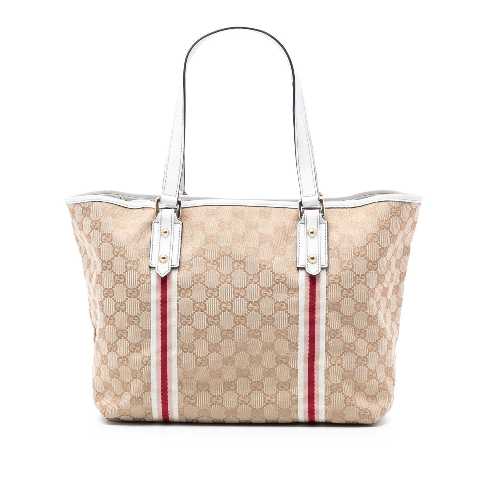 Gucci Jolicoeur Tote Bag in Large GG Canvas with Leather Trim: Gucci Jolicoeur Tote Bag in Large GG Canvas with Leather Trim The Gucci Large GG Canvas Jolicoeur Tote features a canvas body with leather trim, flat leather handles, an open top, and interior zip and