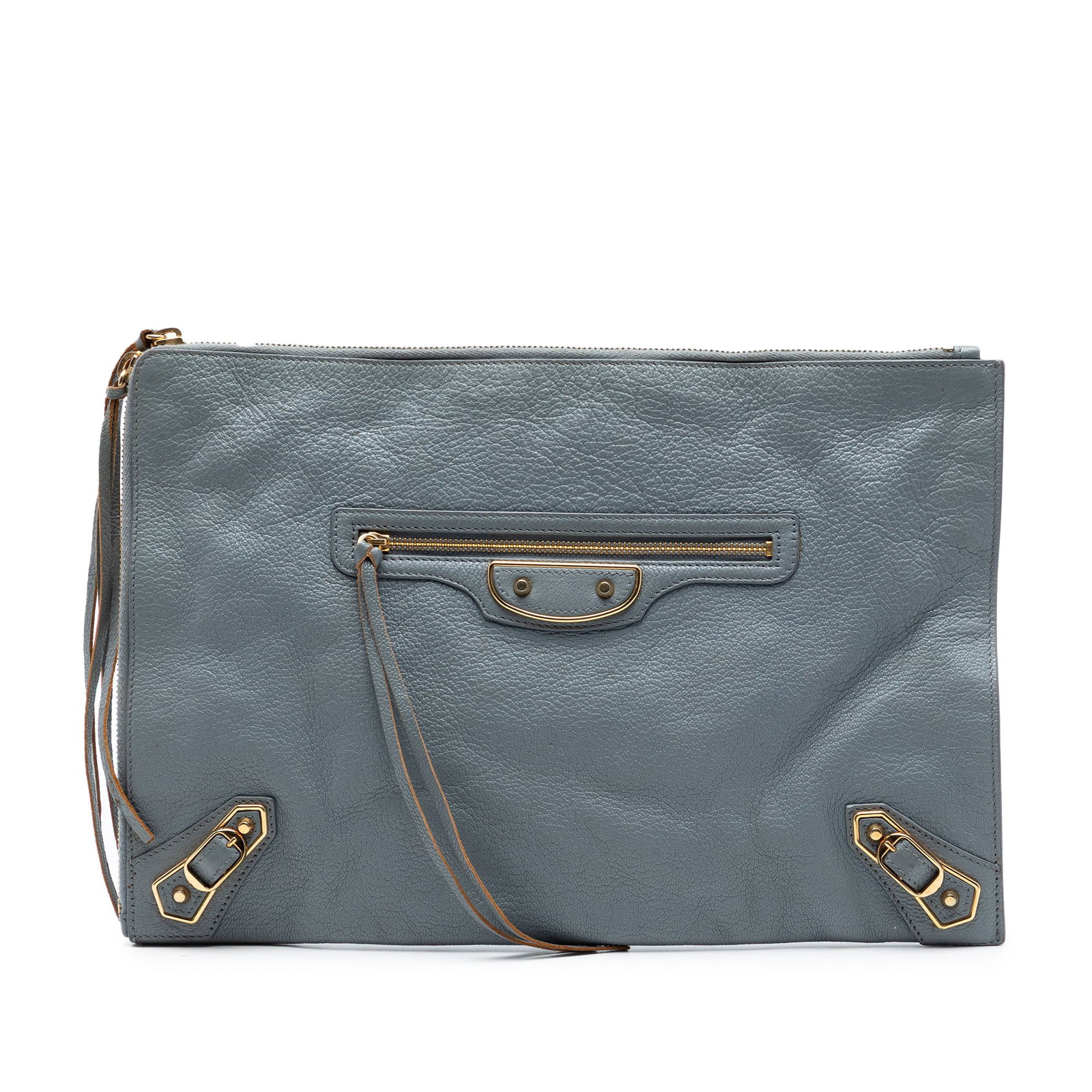 Balenciaga Metallic Edge goatskin clutch bag: Balenciaga Metallic Edge goatskin clutch bag This Balenciaga Goatskin Motocross Classic Metallic Edge Clutch is crafted from goatskin leather in a gray color. It features a top zip closure, an exterio