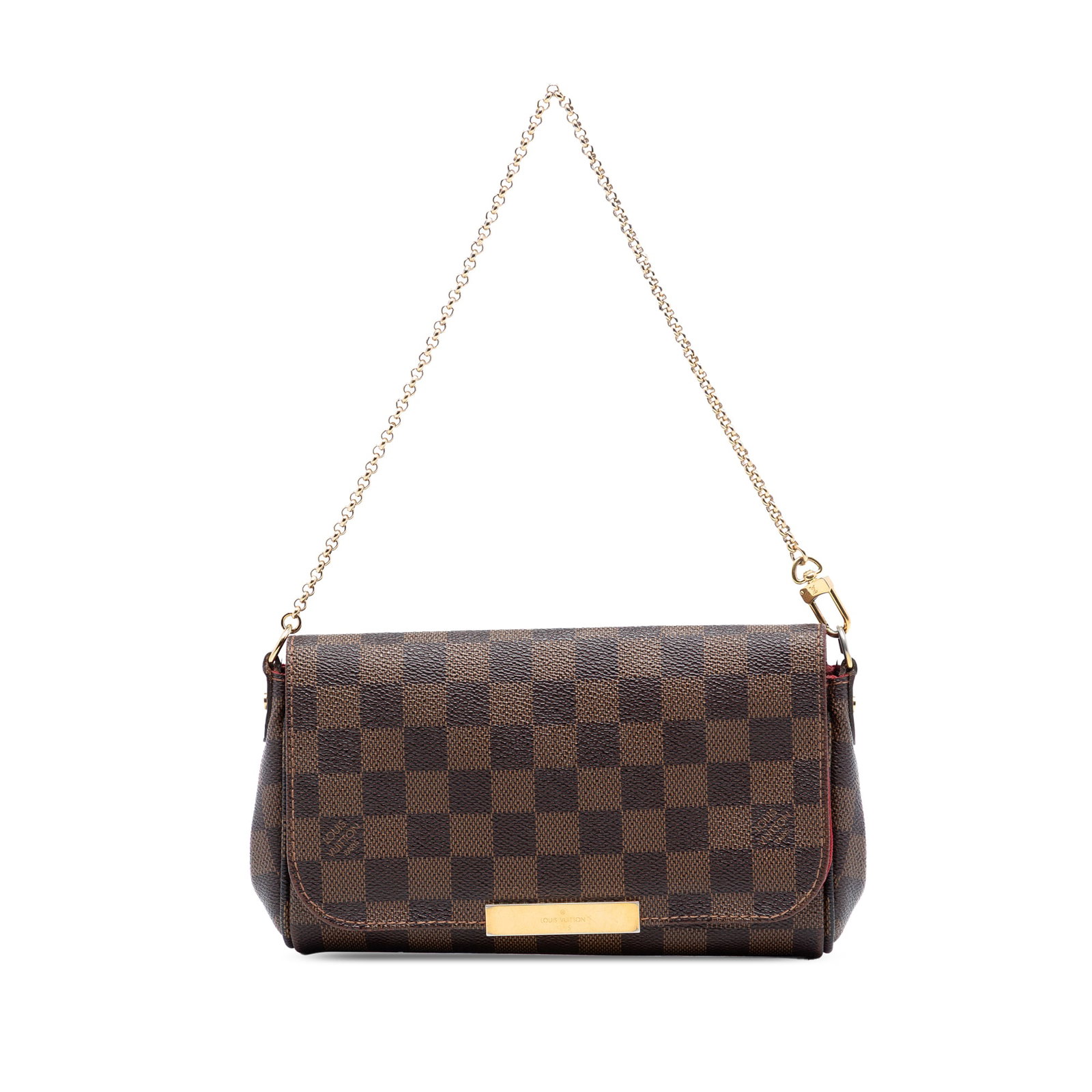 Louis Vuitton Favorite PM Bag in Damier Ebene Canvas Brown: Louis Vuitton Favorite PM Bag in Damier Ebene Canvas Brown This Louis Vuitton Damier Ebene Favorite PM features a signature Damier canvas body in brown, a chain link strap, a front flap with magnetic 