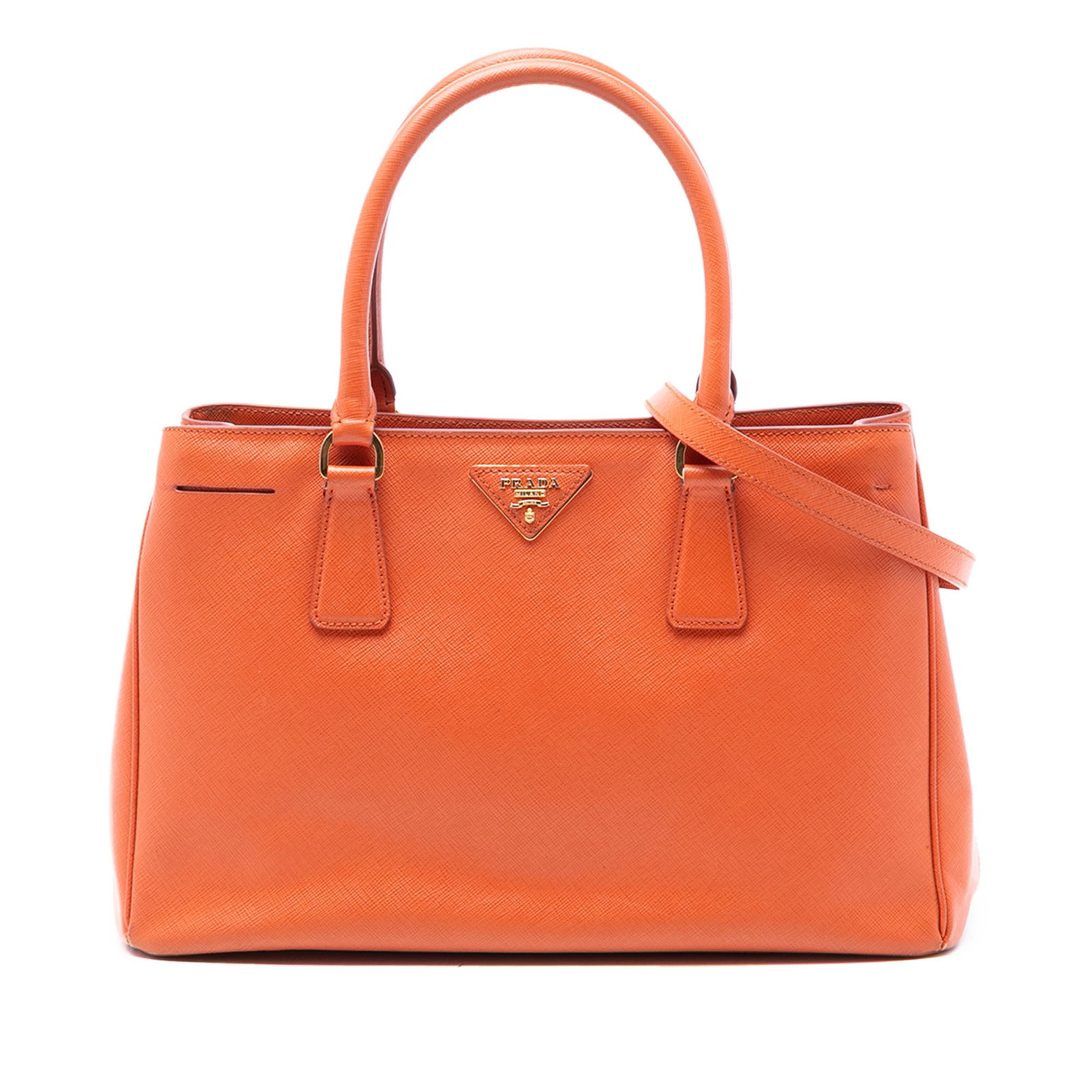 Prada Galleria Medium Saffiano Leather Satchel with Detachable Strap: Prada Galleria Medium Saffiano Leather Satchel with Detachable Strap This Prada Medium Saffiano Lux Galleria Satchel features a saffiano leather body in orange, rolled leather top handles, and a detac