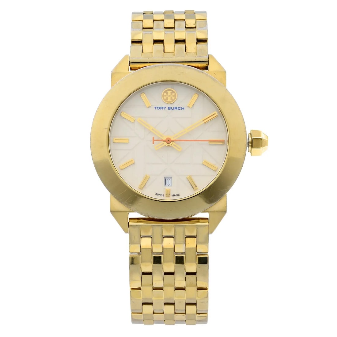 Tory Burch Whitney Gold Tone Quartz Ladies Watch Cream Dial TRB8002: Tory Burch Whitney Gold Tone Quartz Ladies Watch Cream Dial TRB8002 Discover elegance and functionality with the Tory Burch Whitney Ladies Watch, featuring a sophisticated cream dial with a geometric 
