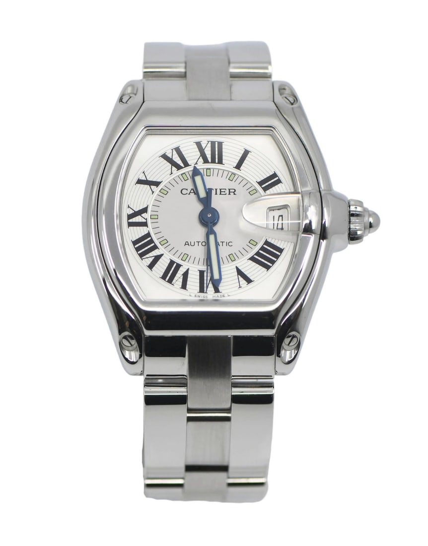 Cartier Roadster W62000V3 Automatic Stainless Steel Men's Wristwatch: Cartier Roadster W62000V3 Automatic Stainless Steel Men's Wristwatch This Cartier Roadster wristwatch features a polished stainless steel case and bracelet with a smooth silver bezel. The watch is des