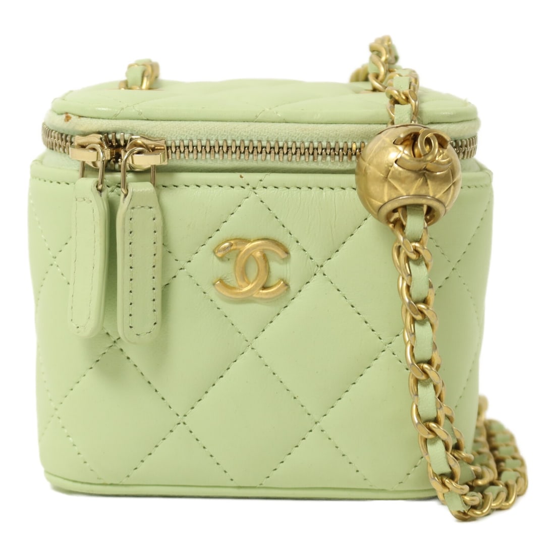 CHANEL Vanity Case Lambskin Shoulder Bag GHW Light Green: CHANEL Vanity Case Lambskin Shoulder Bag GHW Light Green This CHANEL shoulder bag features a light green lambskin exterior and a distinctive gold ball chain shoulder strap. Designed in a compact vanit