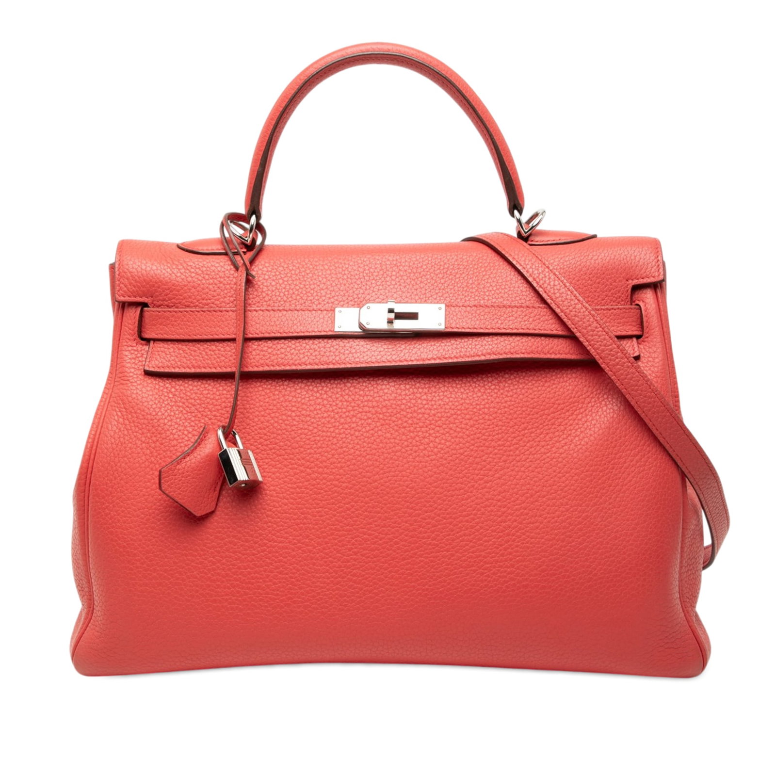 Hermes Kelly II Retourne 35 Sanguine Clemence leather bag: Hermes Kelly II Retourne 35 Sanguine Clemence leather bag This Hermes Clemence Kelly II Retourne 35 bag is crafted from Clemence leather in a rich Sanguine red hue. It features a flat leather top hand