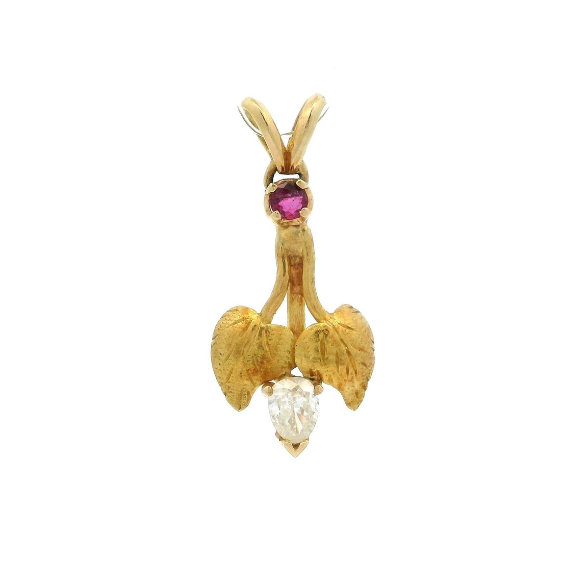 Vintage 18k Yellow Gold Diamond Ruby Floral Slide Pendant: Vintage 18k Yellow Gold Diamond Ruby Floral Slide Pendant This exquisite Vintage Yellow Gold Diamond Ruby Floral Detail Etched Leaf Slide Pendant showcases a stunning combination of natural gemstones 