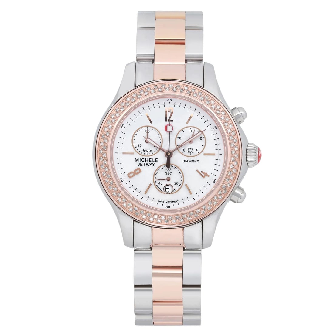 Michele Jetway 40mm Diamond Bezel Quartz Ladies Watch MWW17A000017: Michele Jetway 40mm Diamond Bezel Quartz Ladies Watch MWW17A000017 The Michele Jetway is an elegant 40mm wristwatch designed for ladies, perfect for dress or formal occasions. This timepiece features 