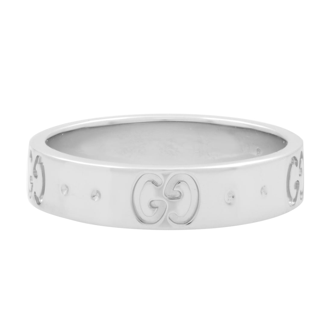 Gucci Icon GG 18K White Gold Thin Band Ring Size 4.5: Gucci Icon GG 18K White Gold Thin Band Ring Size 4.5 This stunning Gucci Icon GG Thin Band Ring is crafted from luxurious 18K white gold. Designed with a minimalist aesthetic, this ring features a thi