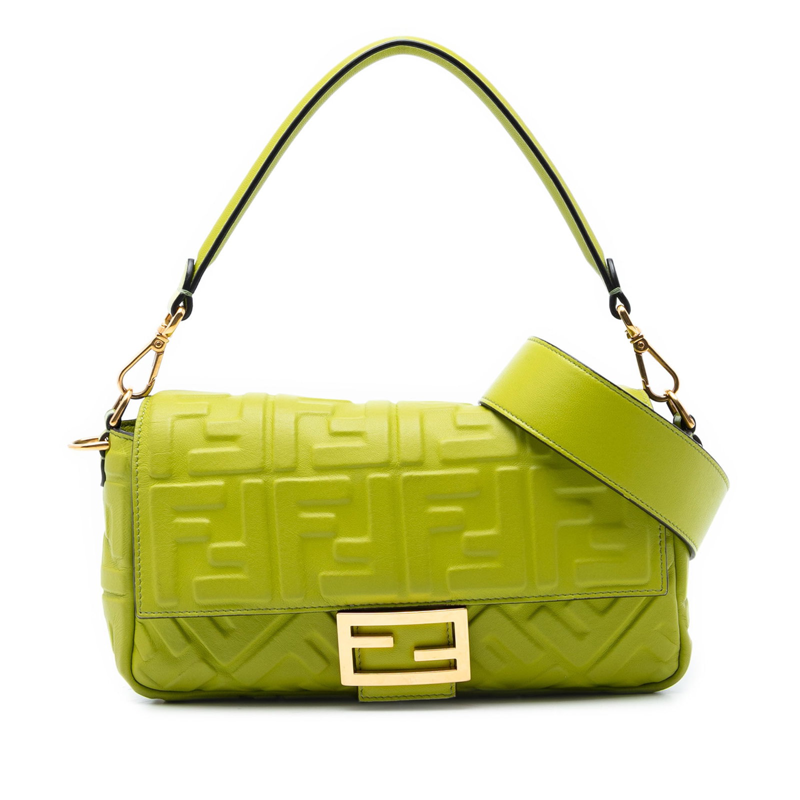 Fendi Zucca Green Leather Baguette Satchel: Fendi Zucca Green Leather Baguette Satchel This Fendi Zucca Embossed Leather Baguette Satchel features a green embossed leather exterior, a flat leather handle, and a detachable leather strap for vers