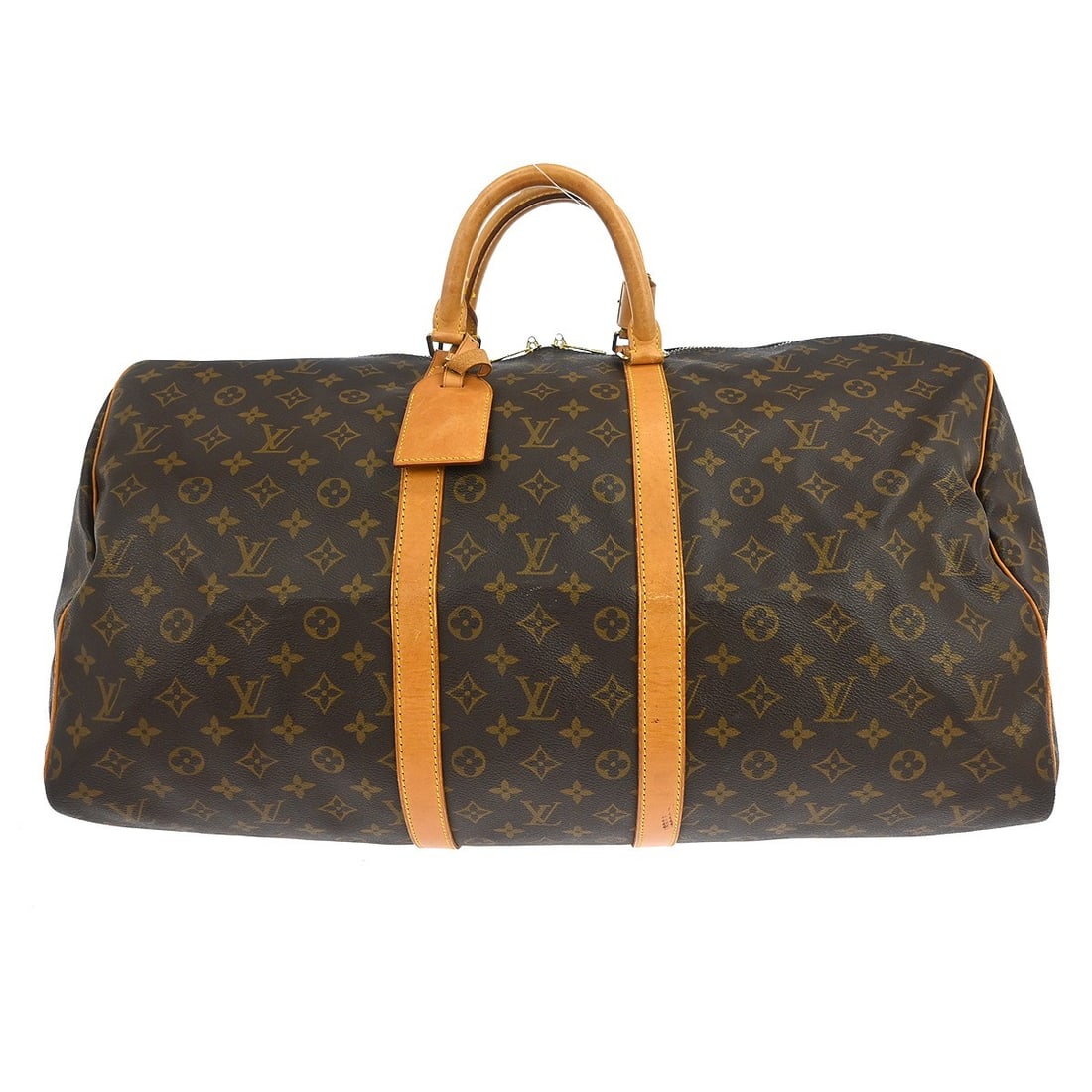Louis Vuitton Keepall 55 Monogram Duffle Travel Bag: Louis Vuitton Keepall 55 Monogram Duffle Travel Bag This Louis Vuitton Keepall 55 travel handbag features the iconic monogram canvas and leather exterior, complemented by beige leather double handles.