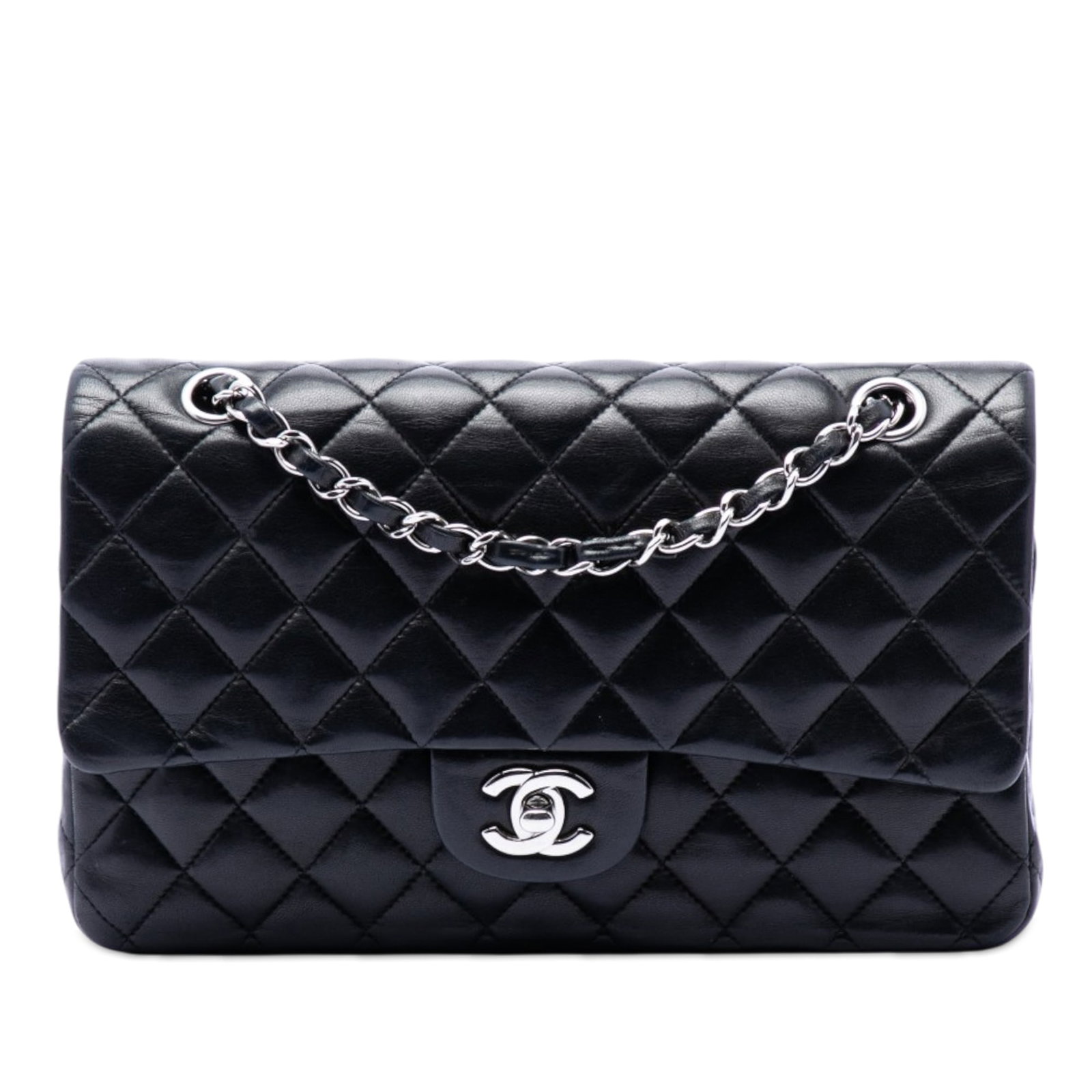 Chanel Medium Classic Lambskin Flap Shoulder Bag: Chanel Medium Classic Lambskin Flap Shoulder Bag This Chanel Medium Classic Double Flap shoulder bag is crafted from quilted lambskin leather in black and features leather-woven chain straps, double f