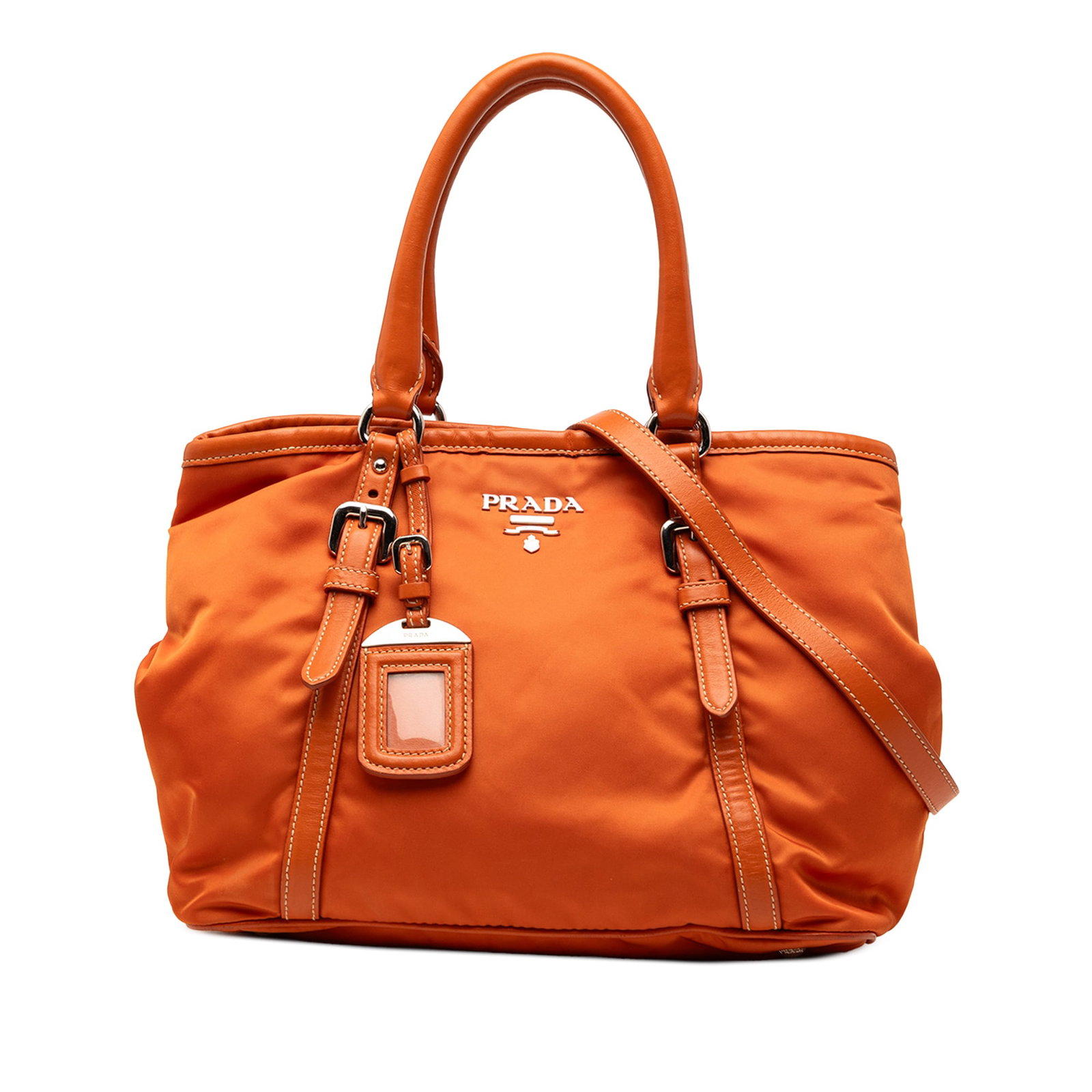 Prada Tessuto nylon satchel with leather trim and detachable strap: Prada Tessuto nylon satchel with leather trim and detachable strap This Prada Soft Calf Trimmed Tessuto Satchel features a durable nylon body with leather trim, rolled leather handles, and a detachabl