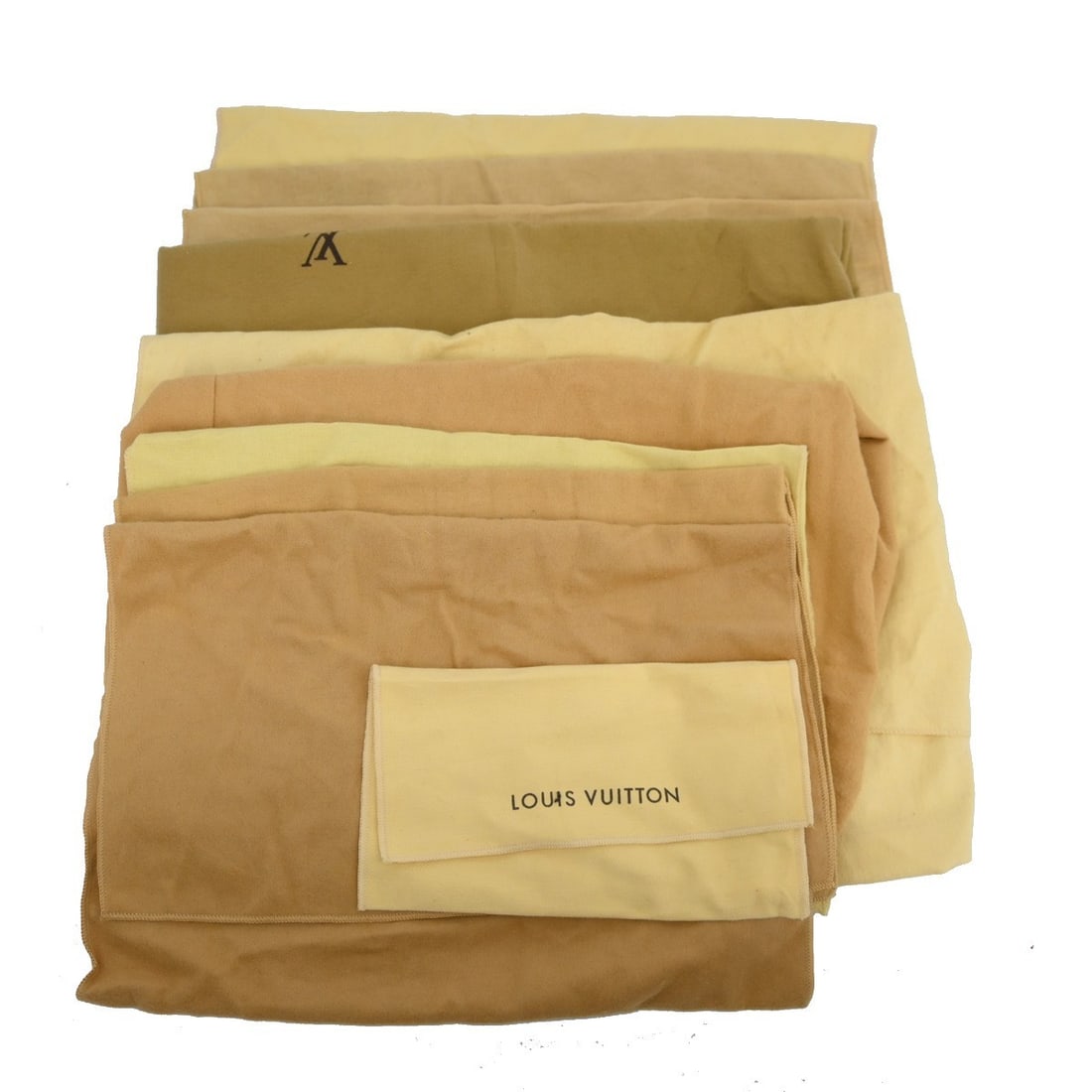 Louis Vuitton brown cotton dust bags set of 10: Louis Vuitton brown cotton dust bags set of 10 This set includes ten Louis Vuitton dust bags, crafted from 100% cotton in a classic brown and beige color scheme. Designed for unisex use, these dust ba