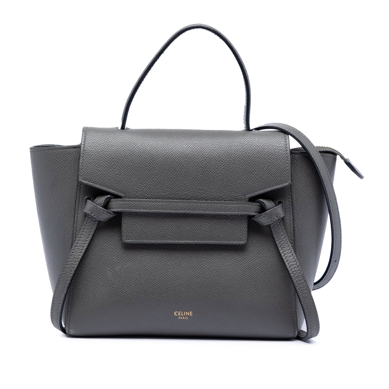 Celine Nano Grained Calfskin Belt Satchel Gray Leather: Celine Nano Grained Calfskin Belt Satchel Gray Leather This Celine Nano Grained Calfskin Belt Bag is crafted from high-quality leather in a gray hue. It features a structured silhouette with a flat le