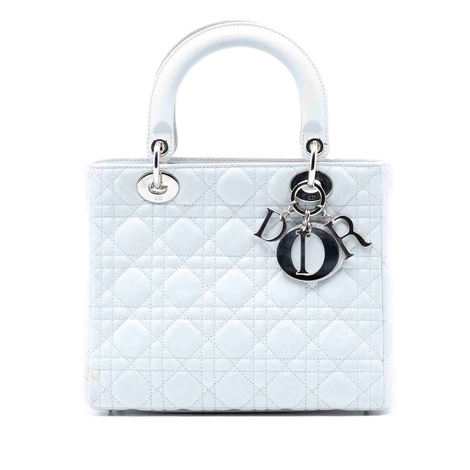 Dior Lady Dior Medium White Quilted Lambskin Cannage Handbag: Dior Lady Dior Medium White Quilted Lambskin Cannage Handbag This Lady Dior handbag features a quilted leather body with the signature Cannage pattern, flat top handles, a top zip closure, and an inte