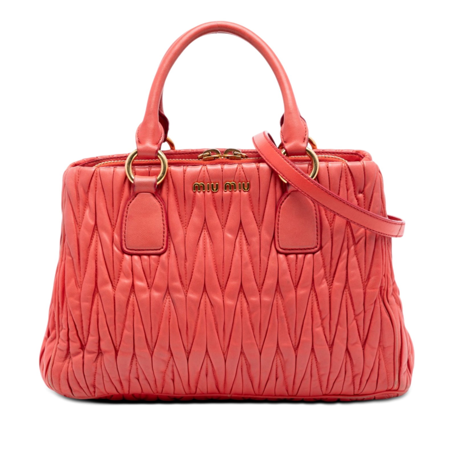 Miu Miu orange Matelasse Nappa leather satchel: Miu Miu orange Matelasse Nappa leather satchel This Miu Miu Matelasse Nappa Satchel is crafted from orange nappa leather and features rolled leather handles, a detachable and adjustable flat leather s