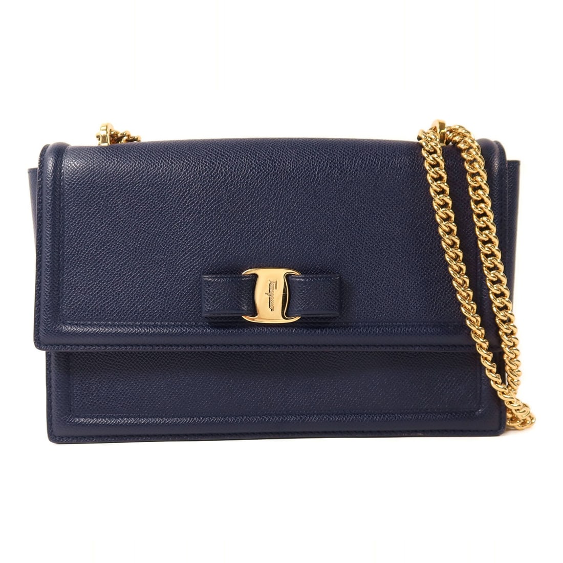 Salvatore Ferragamo Vara Bow Navy Calfskin Chain Shoulder Bag Gold Hardware: Salvatore Ferragamo Vara Bow Navy Calfskin Chain Shoulder Bag Gold Hardware This Salvatore Ferragamo Vara Bow Chain Shoulder Bag is crafted from navy calfskin leather and features a signature Vara bow