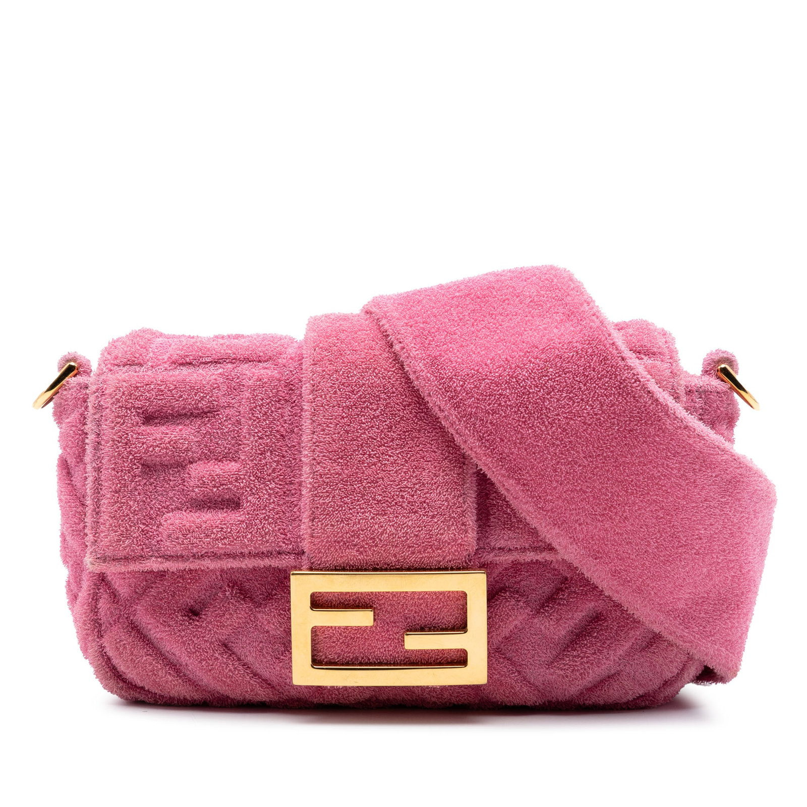 Fendi FF 1974 Convertible Belt Baguette satchel pink fabric: Fendi FF 1974 Convertible Belt Baguette satchel pink fabric This Fendi Embossed Terry Cloth FF 1974 Convertible Belt Baguette is crafted from pink embossed terry cloth fabric. It features a detachable