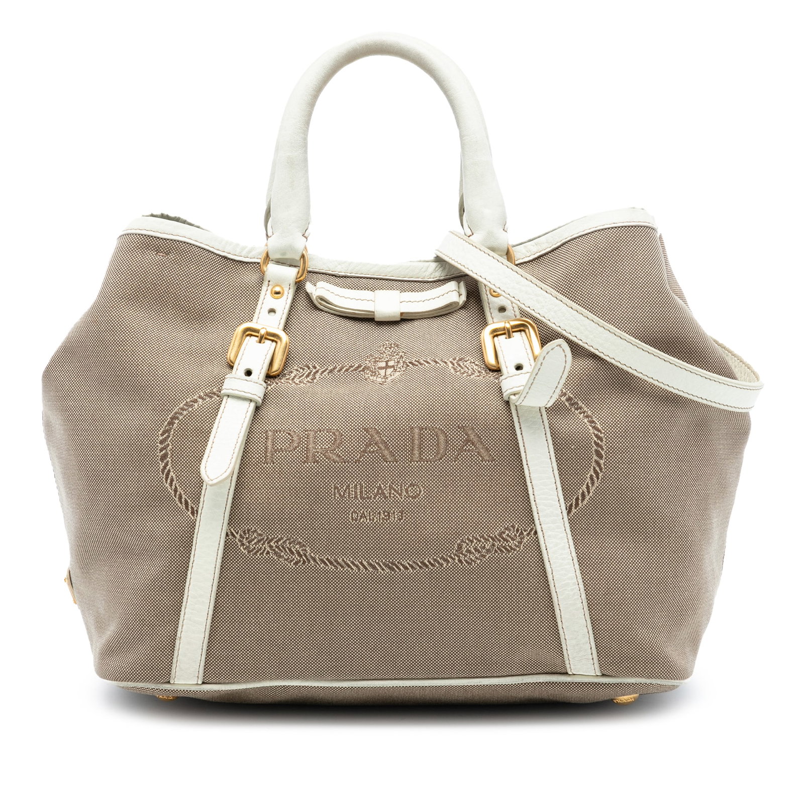 Prada Canapa Bow Beige Canvas Satchel with Leather Trim and Strap (1 of 7)