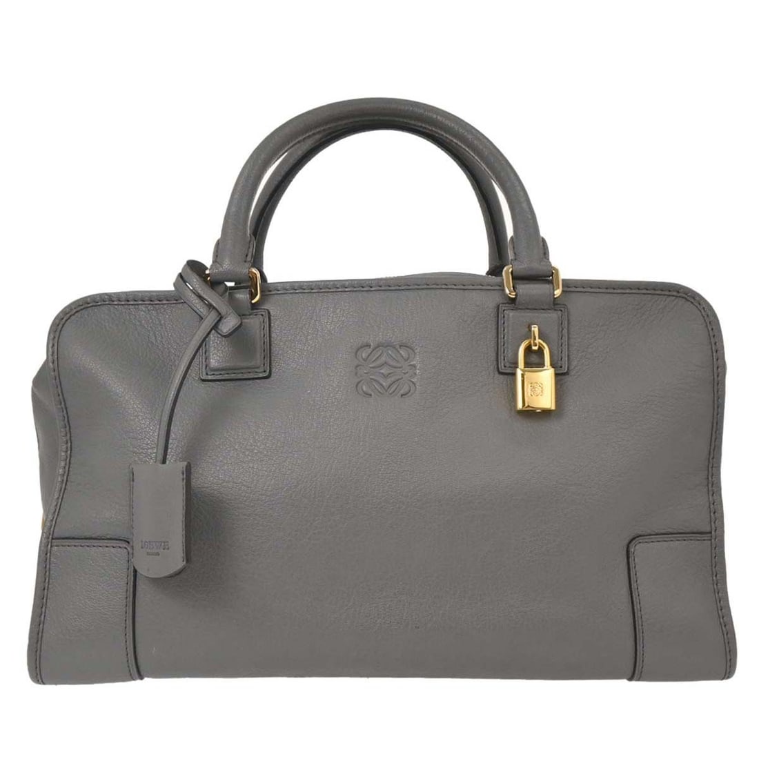 Loewe Gray Amazona 36 Leather Handbag with Zip Closure: Loewe Gray Amazona 36 Leather Handbag with Zip Closure This Loewe Amazona 36 Handbag in Gray is a stylish and functional accessory, perfect for any occasion. Featuring a zip closure, this large top ha