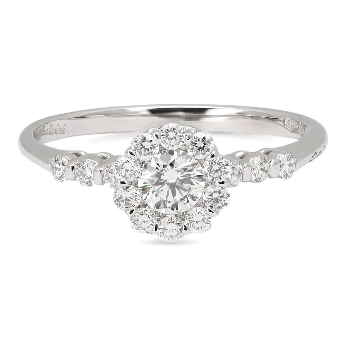 Salvini 18k White Gold Halo Engagement Ring with Round Diamonds Size 6.75: Salvini 18k White Gold Halo Engagement Ring with Round Diamonds Size 6.75 This Salvini engagement ring is crafted from 18k white gold and features a central round brilliant cut diamond encircled by a 