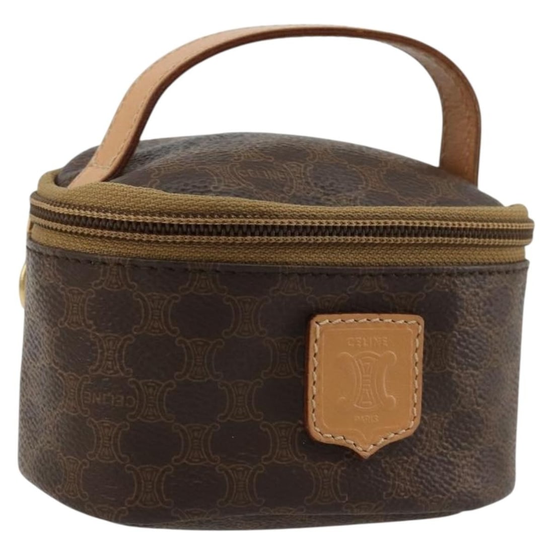 CELINE Macadam canvas brown gold hand pouch Italy: CELINE Macadam canvas brown gold hand pouch Italy This CELINE Macadam Canvas hand pouch features a brown and gold color scheme with PVC leather and Macadam canvas materials. Designed for women, it is 