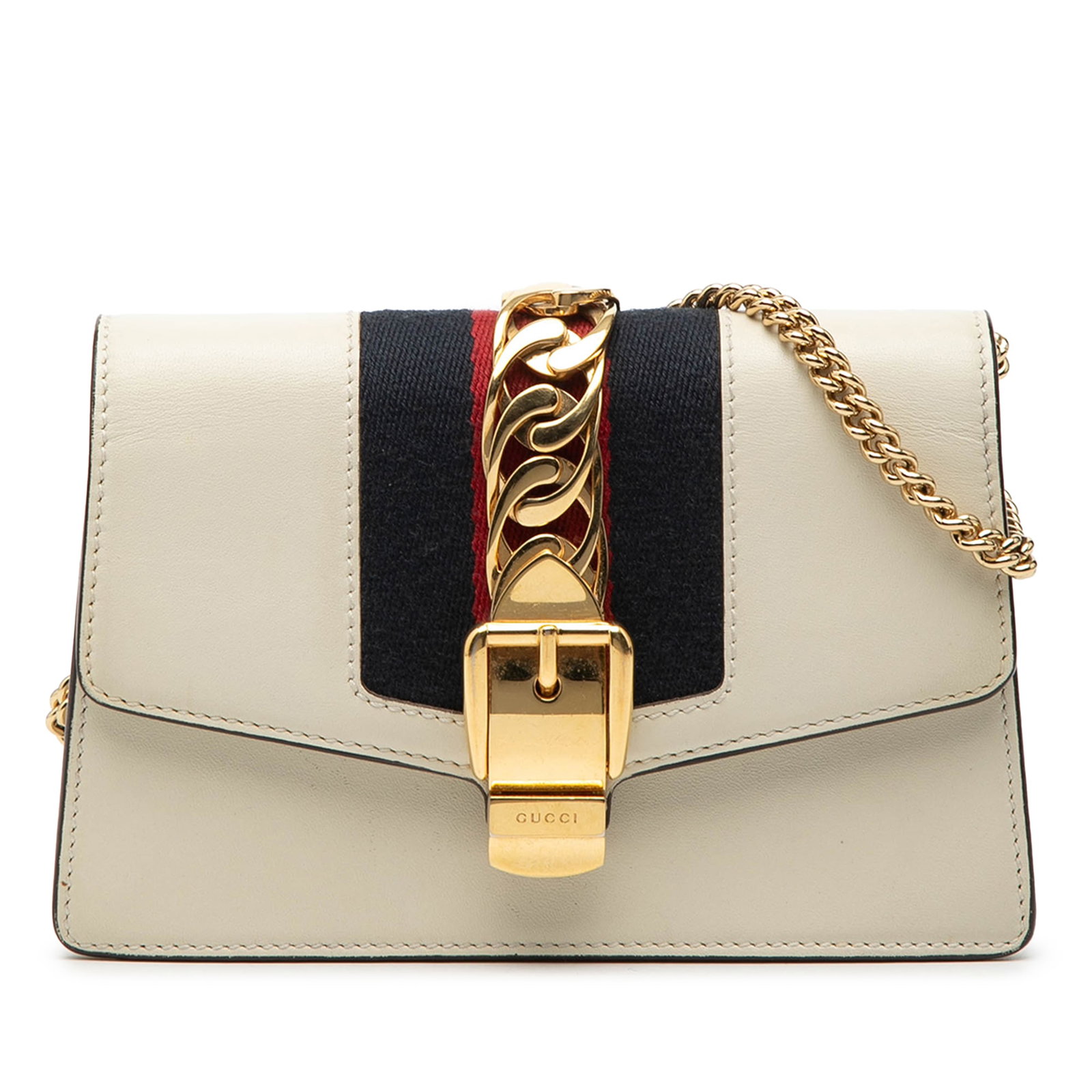 Gucci Sylvie Super Mini White Leather Crossbody Bag with Chain Strap: Gucci Sylvie Super Mini White Leather Crossbody Bag with Chain Strap This Gucci Super Mini Leather Sylvie Chain Crossbody features a white leather body with a front flap secured by a magnetic snap clo