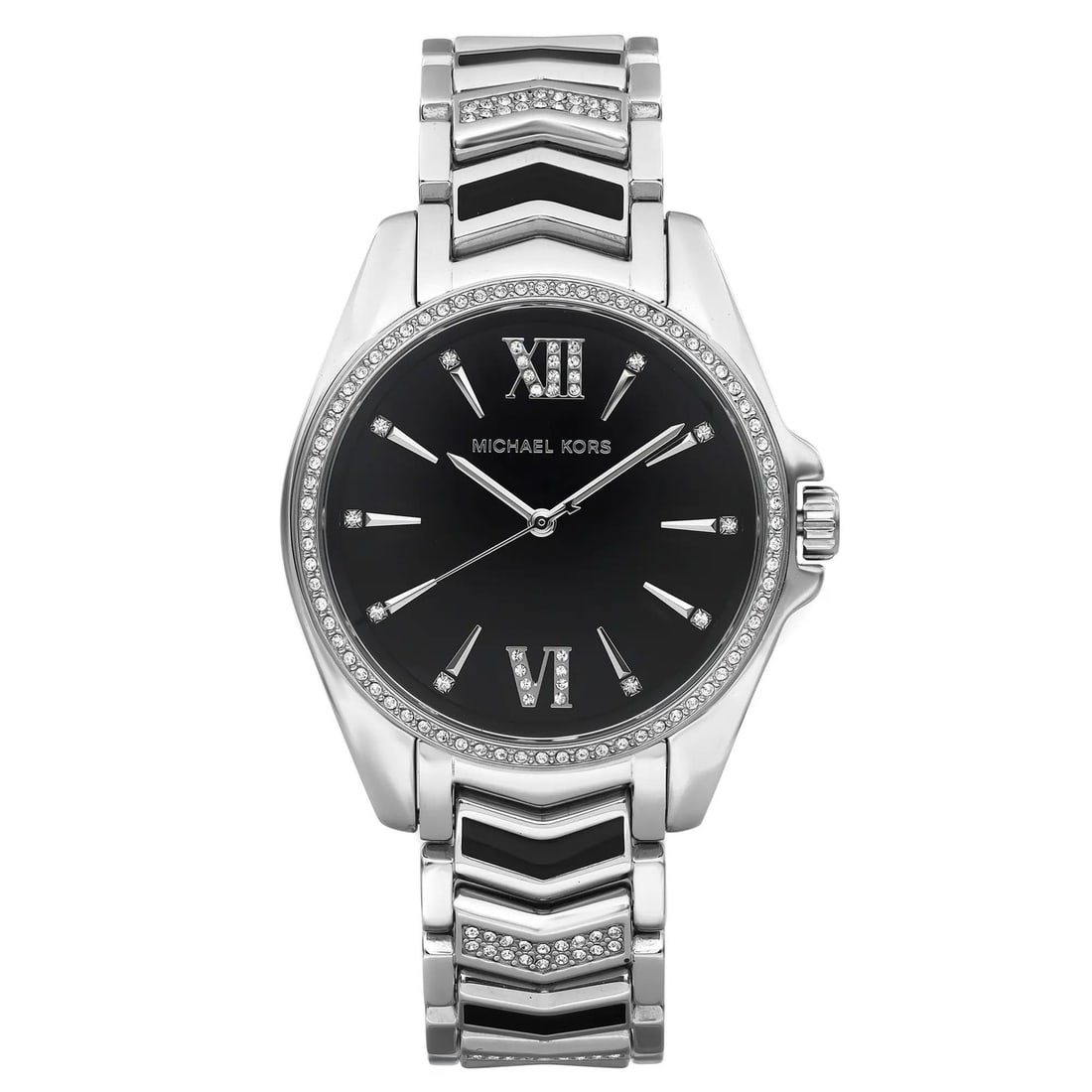 Michael Kors Whitney 38mm Quartz Watch Black Dial Steel Bracelet MK6742: Michael Kors Whitney 38mm Quartz Watch Black Dial Steel Bracelet MK6742 Elevate your style with the Michael Kors Whitney 38mm Steel Crystals Black Dial Ladies Quartz Watch. This stunning wristwatch fe