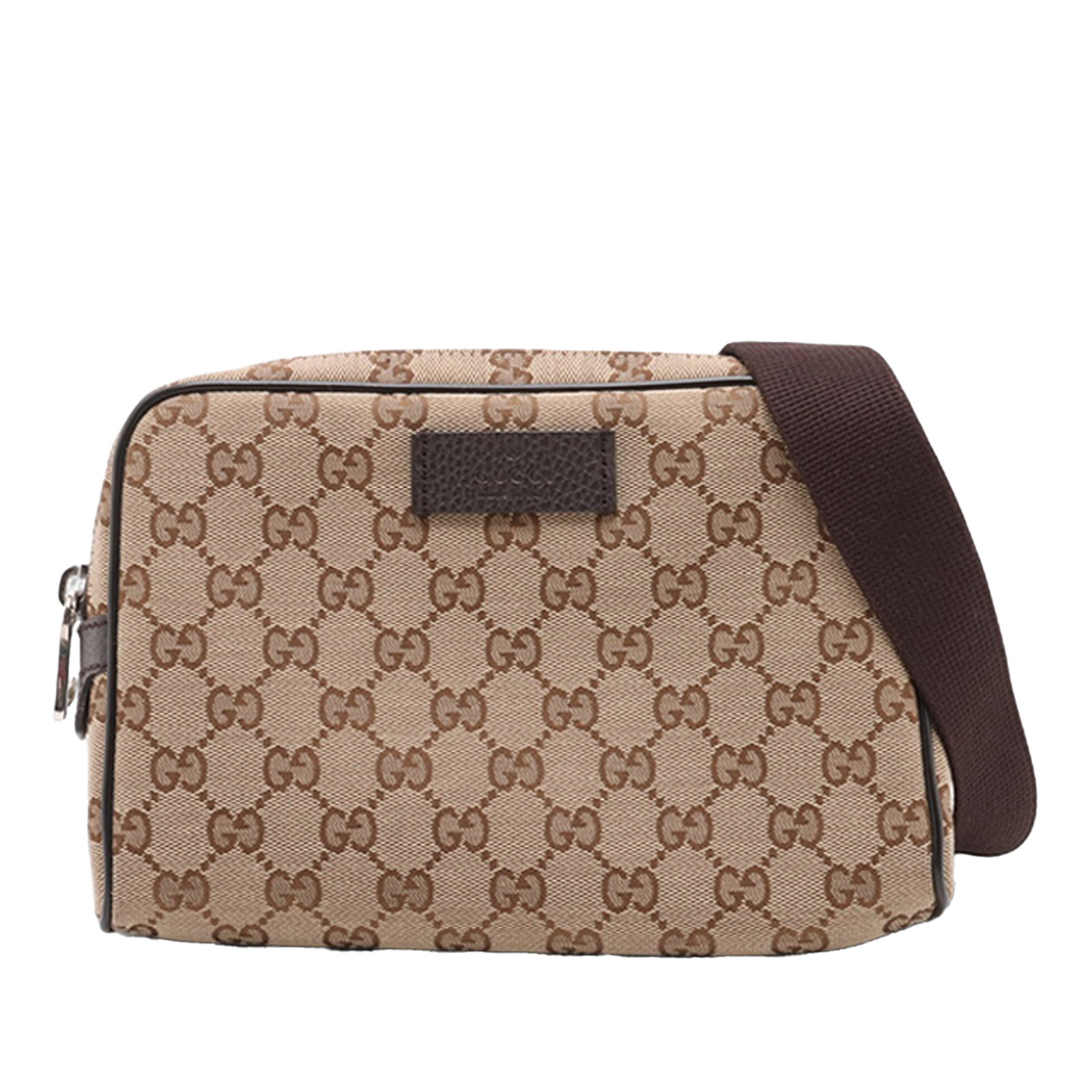 Gucci Beige Canvas Waist Bag with Leather Trim: Gucci Beige Canvas Waist Bag with Leather Trim This Gucci GG Canvas Belt Bag features a beige canvas body with leather trim, an adjustable waist strap with buckle closure, a top zip closure, and an in
