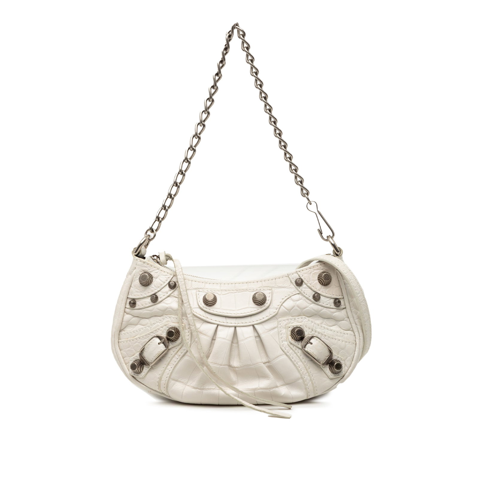 Balenciaga Le Cagole Mini White Embossed Leather Shoulder Bag: Balenciaga Le Cagole Mini White Embossed Leather Shoulder Bag This Balenciaga Mini Embossed Leather Motocross Le Cagole bag features a white embossed leather body with a chain link handle and a flat, 
