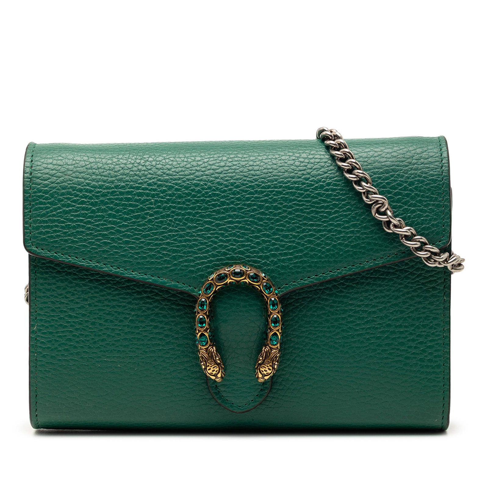 Green Leather Dionysus Chain Wallet by Gucci: Green Leather Dionysus Chain Wallet by Gucci This Gucci Dionysus wallet on chain is crafted from green leather and features a chain link shoulder strap, a front flap with snap button closure, and mult