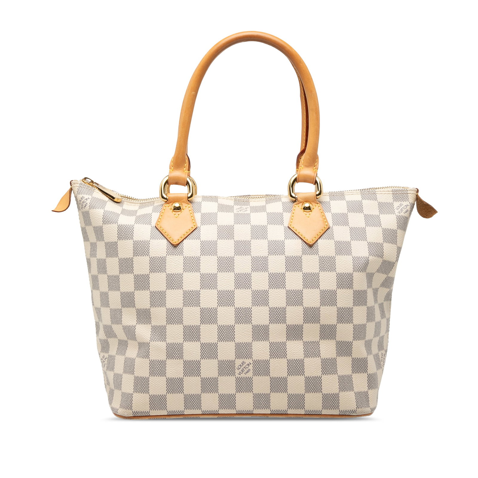 Louis Vuitton Damier Azur Saleya PM Bag with Vachetta Leather Handles: Louis Vuitton Damier Azur Saleya PM Bag with Vachetta Leather Handles The Louis Vuitton Damier Azur Saleya PM is a stylish bag crafted from durable damier azur canvas, complemented by rolled vachetta 