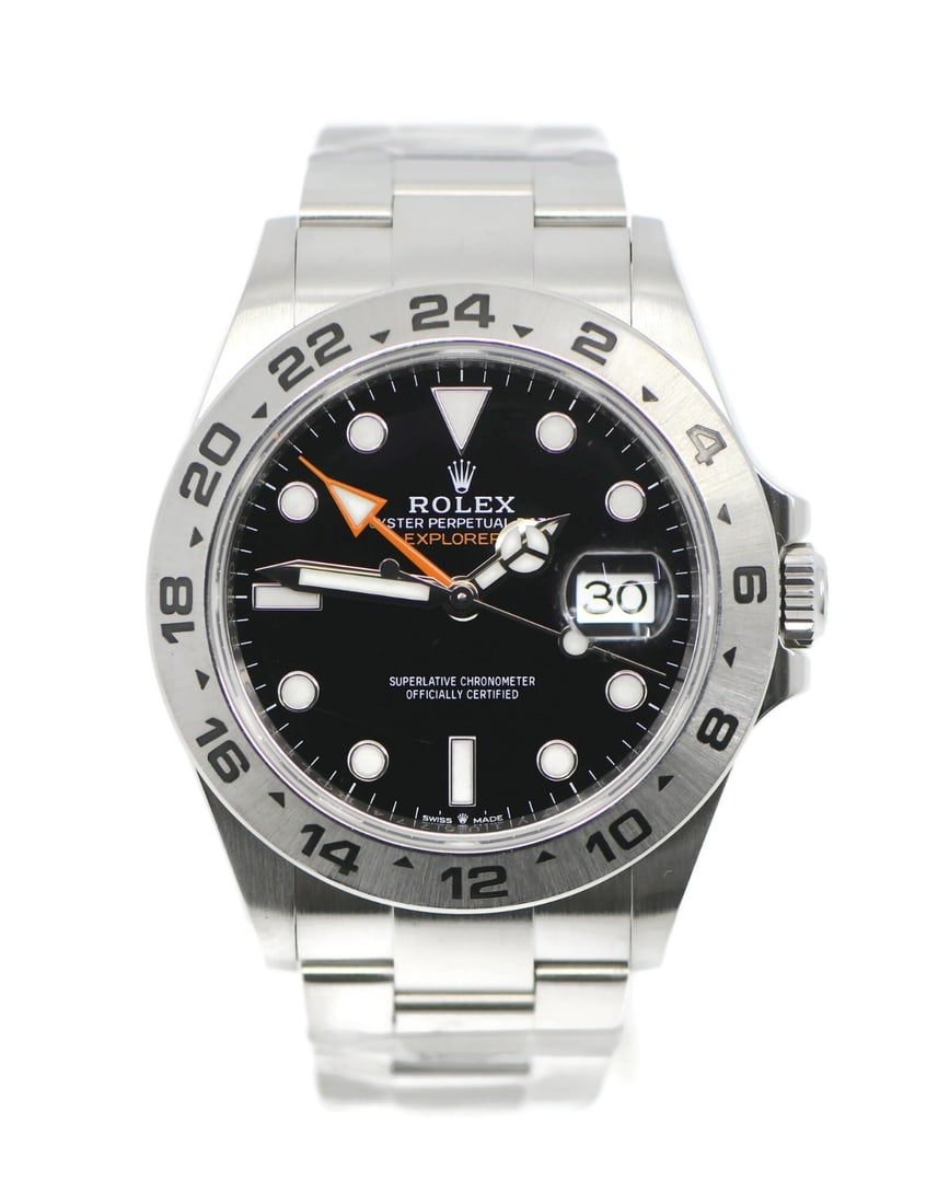 Rolex Explorer II 42mm Stainless Steel Automatic Date Watch 226570: Rolex Explorer II 42mm Stainless Steel Automatic Date Watch 226570 This Rolex Explorer II is a stainless steel wristwatch featuring a 42 mm round case and a solid silver bezel. Designed for men, it sh