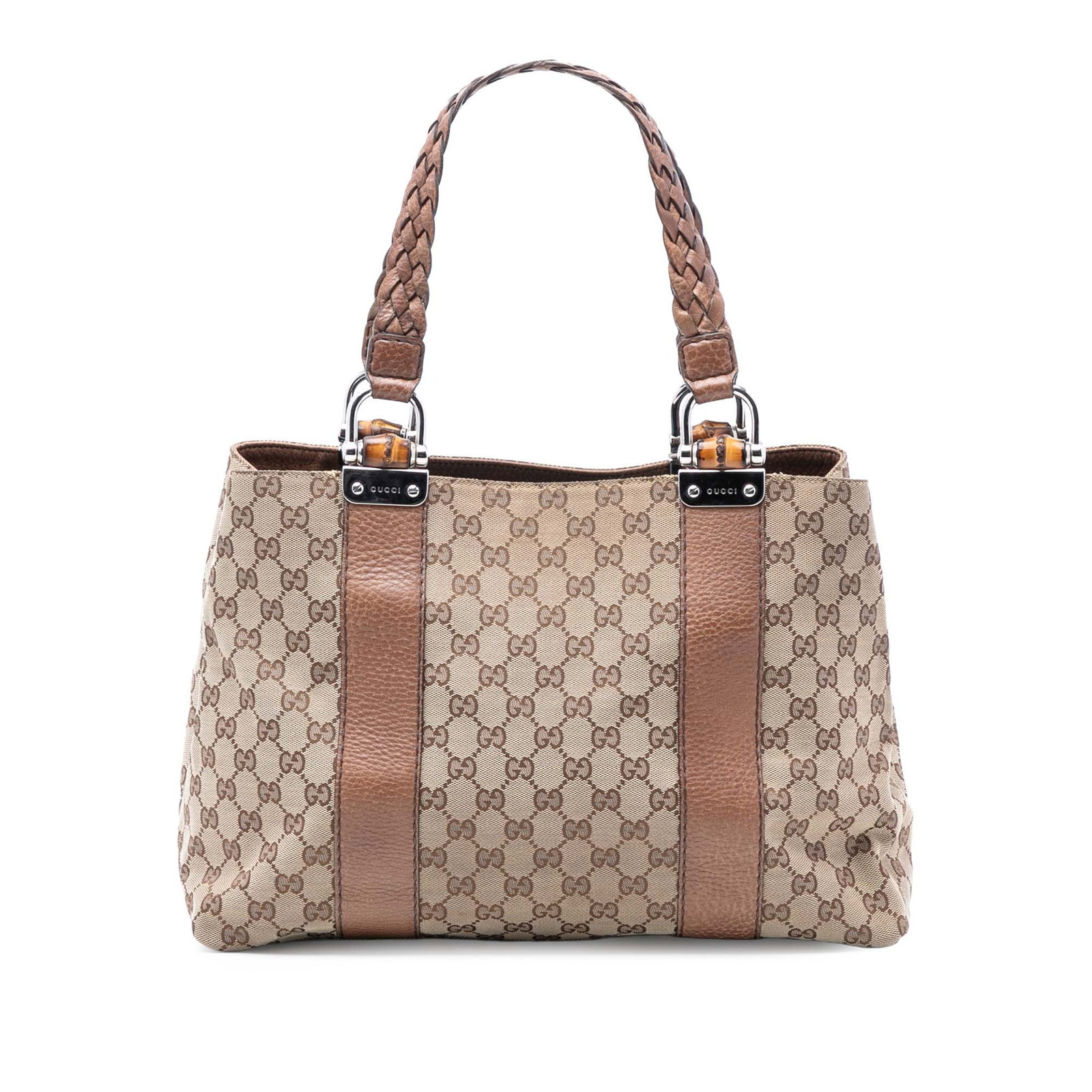 Gucci Bamboo Libeccio Tote Medium GG Canvas Beige Leather Trim: Gucci Bamboo Libeccio Tote Medium GG Canvas Beige Leather Trim This Gucci Medium GG Canvas Bamboo Libeccio Tote features a canvas body with leather trim, flat braided straps, an open top, an interior 