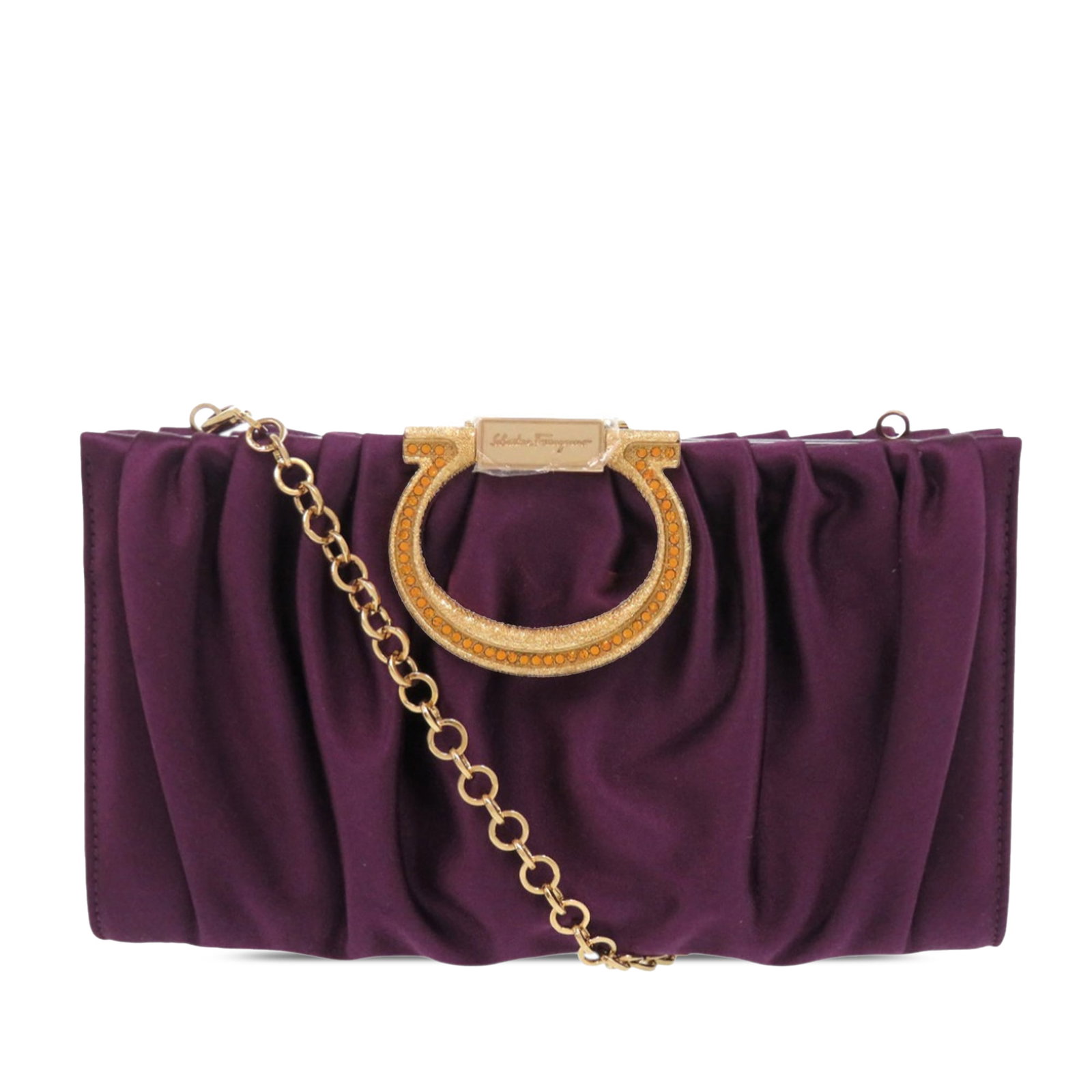 Ferragamo purple satin Gancini crossbody clutch with chain: Ferragamo purple satin Gancini crossbody clutch with chain This Ferragamo Satin Gancini Clutch with Chain is crafted with a purple satin body and features a gold tone chain strap. The bag is designed 