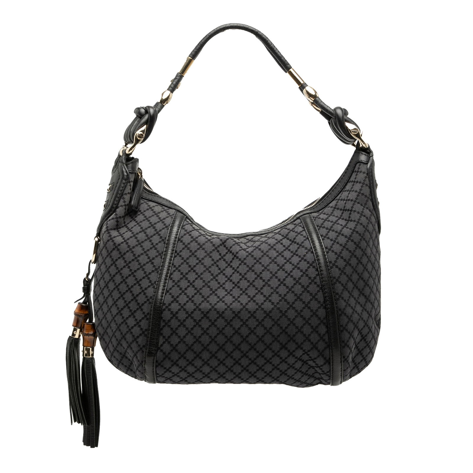 Gucci Diamante Canvas Techno Horsebit Medium Gray Hobo Bag with Leather Trim: Gucci Diamante Canvas Techno Horsebit Medium Gray Hobo Bag with Leather Trim This Gucci Medium Diamante Canvas Techno Horsebit Hobo showcases a canvas body with leather trim, a flat leather strap, a t