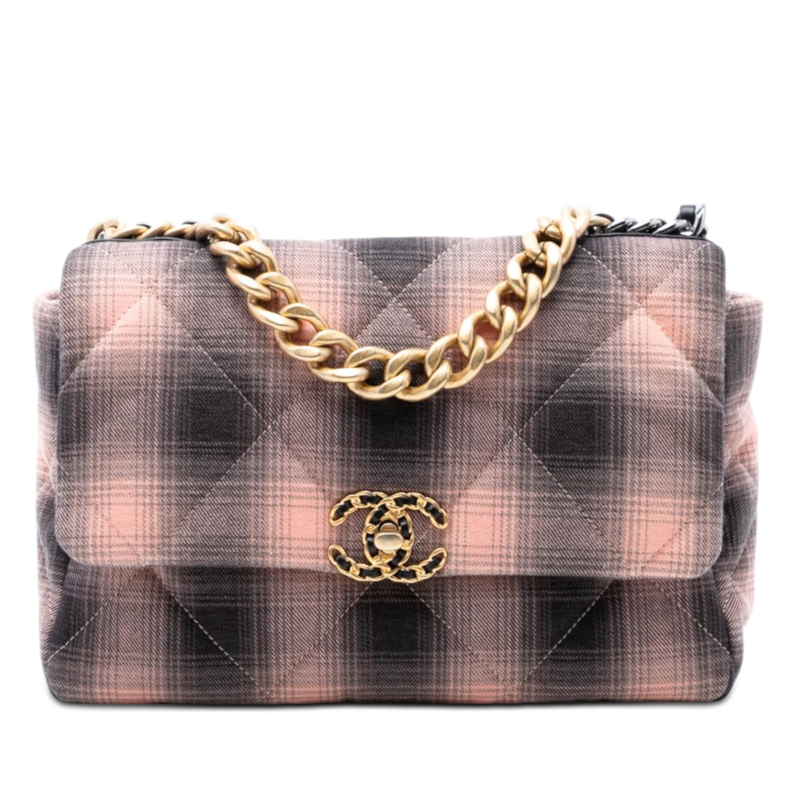 Chanel Pink Cotton Check 19 Flap Bag: Chanel Pink Cotton Check 19 Flap Bag This Chanel Large Cotton Check 19 Flap bag features a cotton body with a stylish check pattern, complemented by a gold-tone chain handle and a leather-woven chain 
