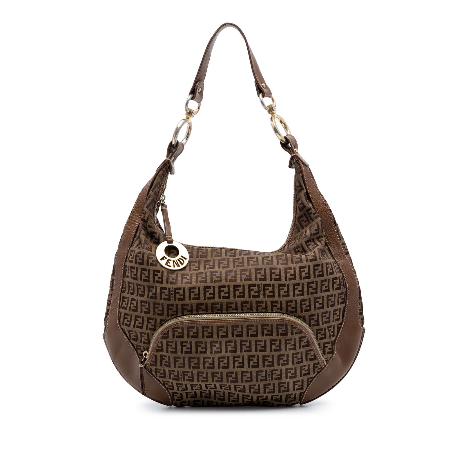 Fendi Zucchino Canvas Hobo Bag with Front Zip Pocket: Fendi Zucchino Canvas Hobo Bag with Front Zip Pocket This Fendi Zucchino Canvas Chef Pocket Hobo features a brown canvas body with leather trim, a flat leather handle, a top zip closure, and a front e