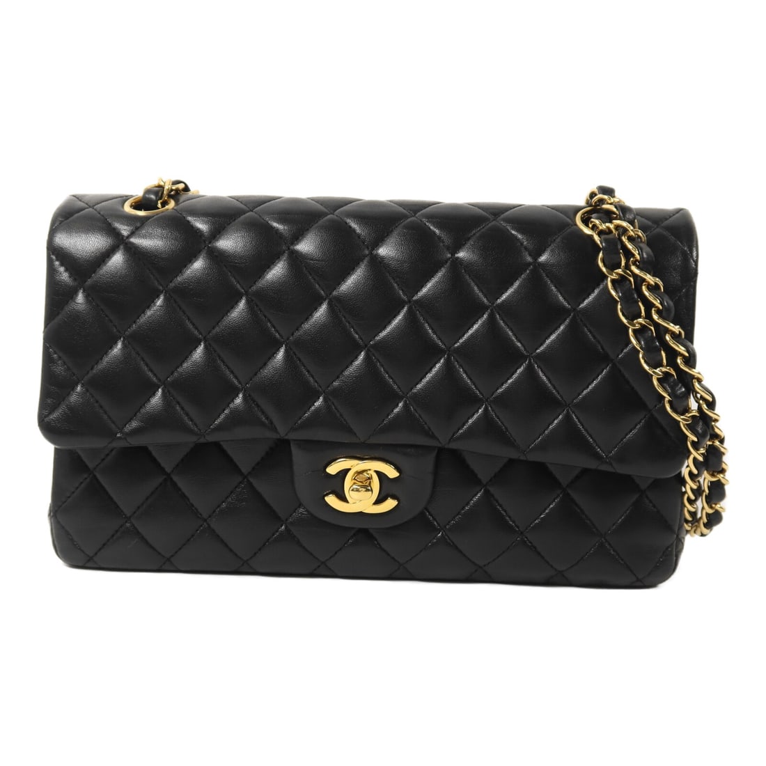 CHANEL Classic 25 Lambskin Black Shoulder Bag GHW A01112: CHANEL Classic 25 Lambskin Black Shoulder Bag GHW A01112 This CHANEL Classic 25 Chain Shoulder Bag features luxurious black lambskin leather and gold-tone hardware. Designed for women, it offers a tim