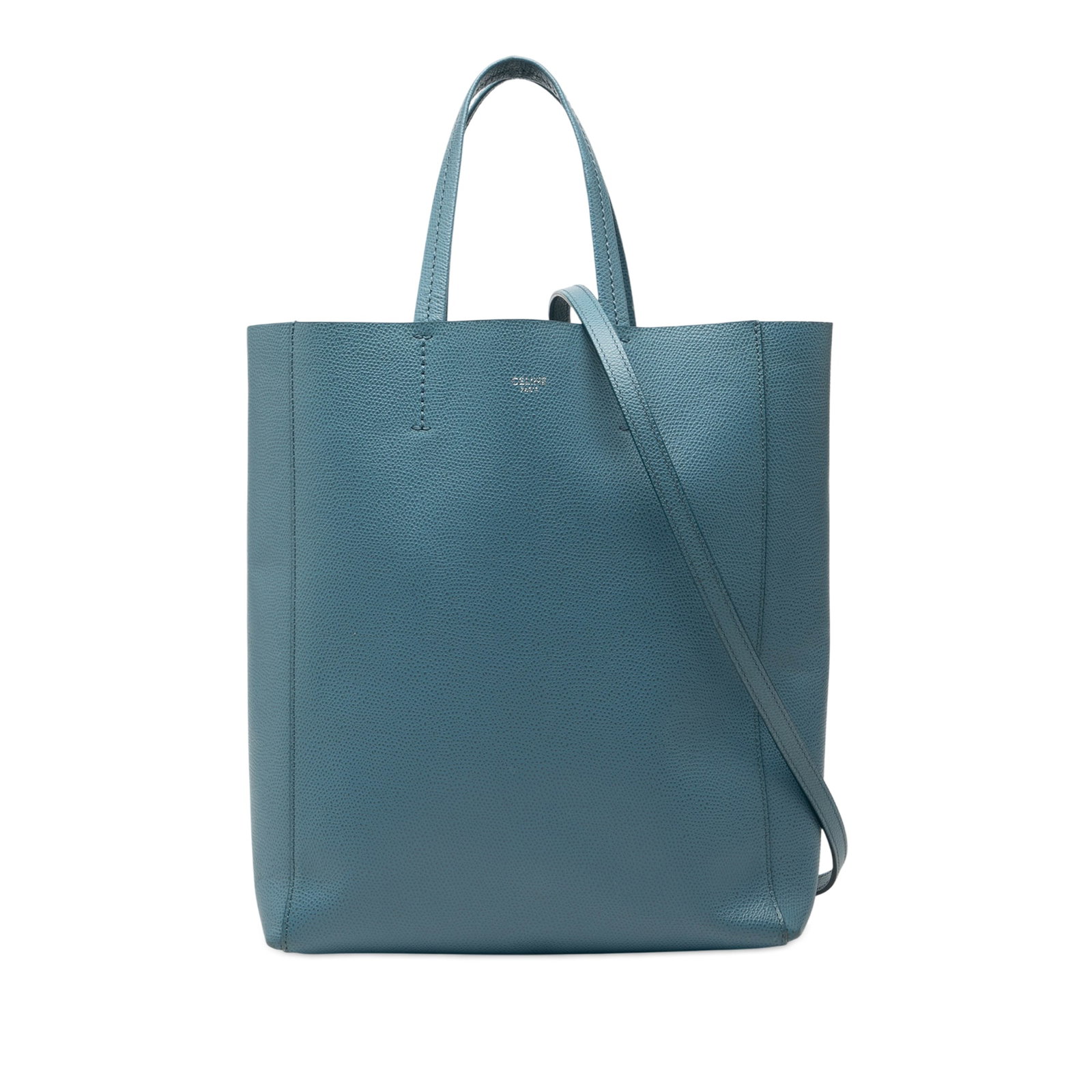 Celine Small Vertical Cabas Blue Leather Tote with Strap: Celine Small Vertical Cabas Blue Leather Tote with Strap This Celine Small Grained Calfskin Vertical Cabas Satchel features a blue leather body with a grained texture, flat leather handles, a detachab