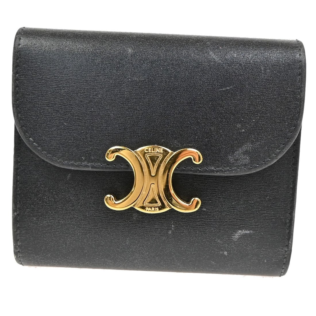 Black Leather Triomphe Trifold Wallet by Celine for Women: Black Leather Triomphe Trifold Wallet by Celine for Women This Celine Triomphe Trifold Wallet is crafted from black leather, designed for women. It features a compact size with dimensions of 10 cm in 