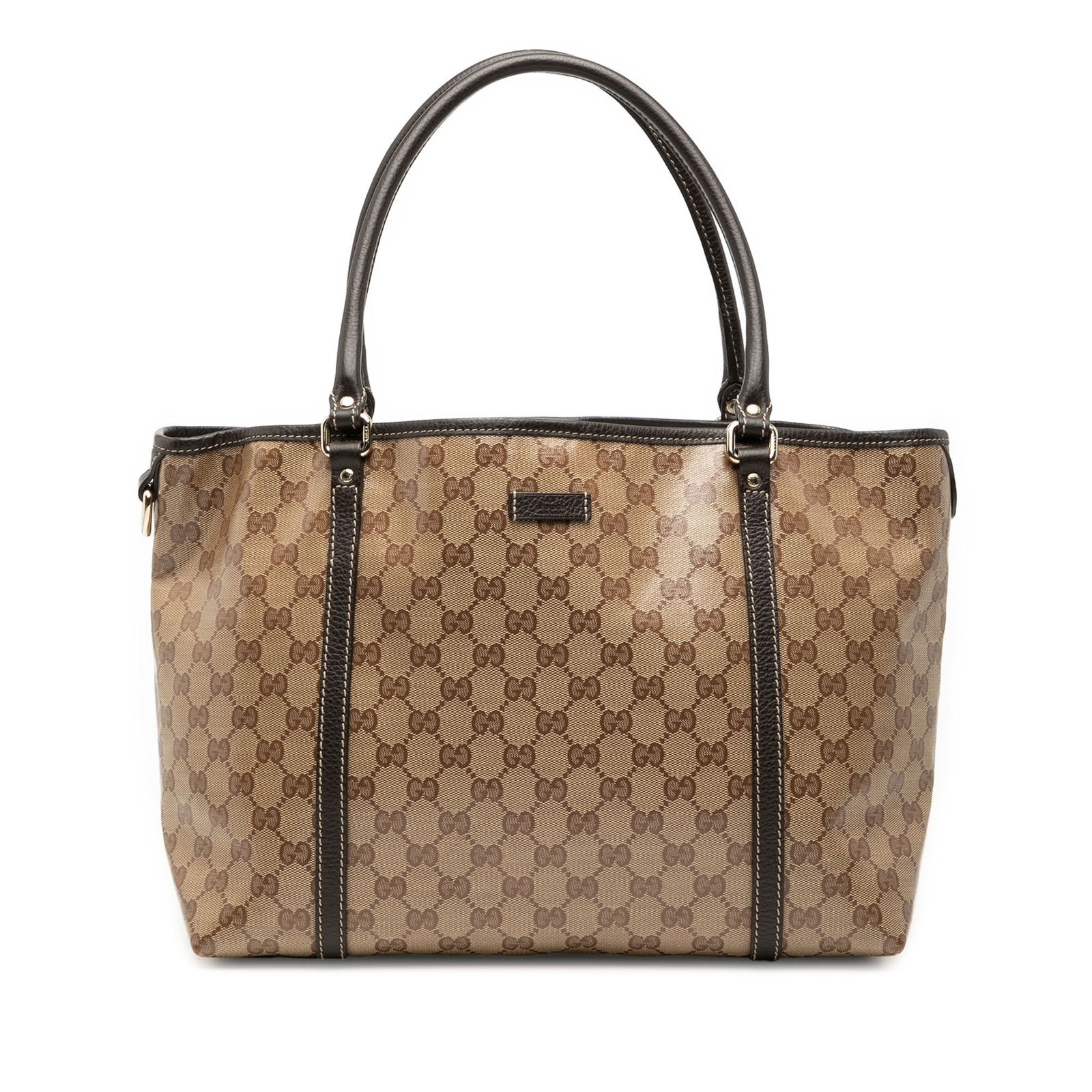 Gucci GG Crystal Joy beige coated canvas tote: Gucci GG Crystal Joy beige coated canvas tote This Gucci GG Crystal Joy Tote features a coated canvas body with leather trim and rolled leather straps. The bag has an open top with a magnetic snap clo